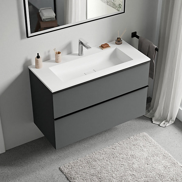 Meuble vasque suspendu MDF Anthracite mat, lavabo fonte Blanc mat   trou robinet, poignée Chrome - 100x46x62cm - LAVOA