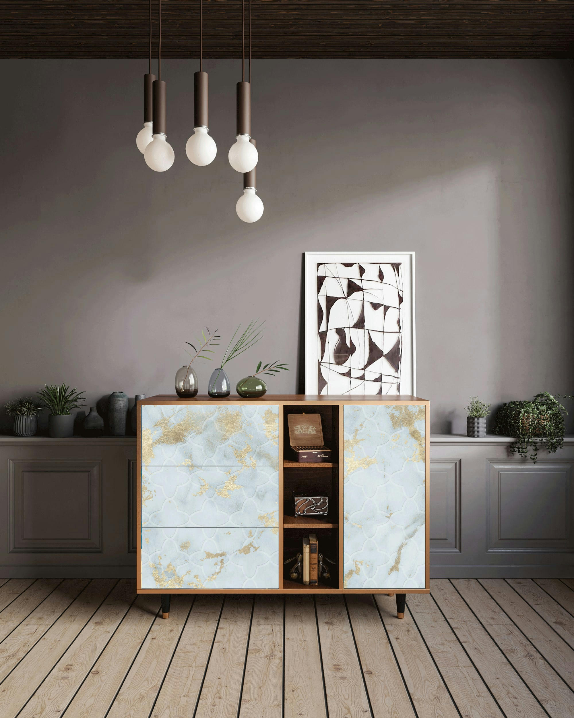 GOLDEN WAVES - Buffet  blanc clair 3 tiroirs et 1 porte L 125 cm