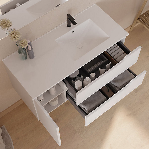 Meuble sous vasque seul, 2 tiroirs et 1 porte, 100cm, vasque déportée droite - blanc mat - ZARZA