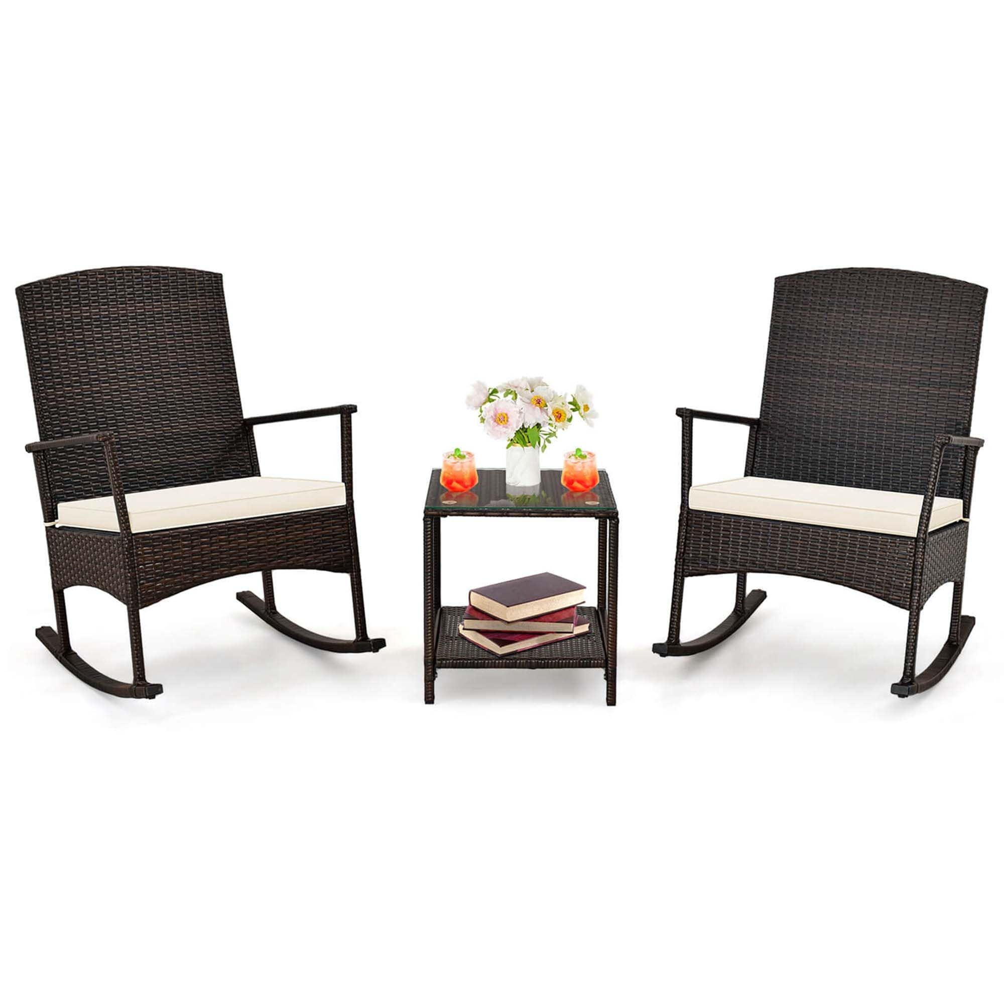 3 PCS Patio Rocking Set Wicker Rocking Chairs with 2-Tier Coffee Table