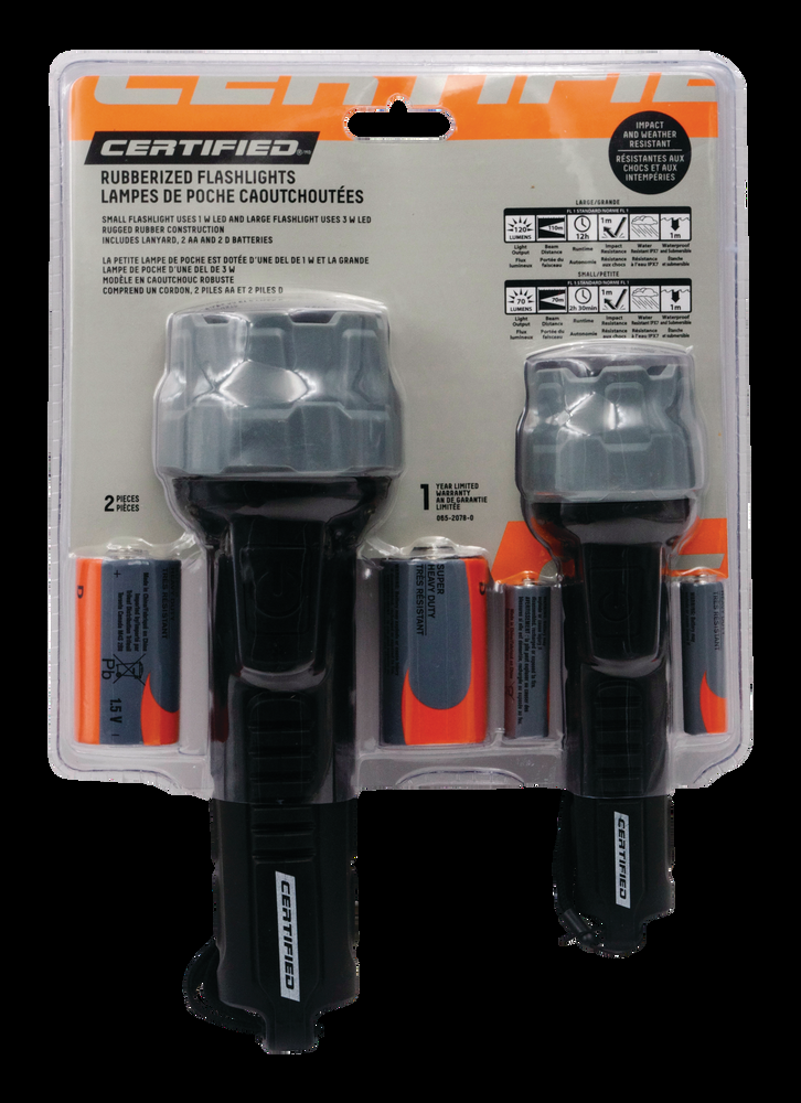 Certified 120 Lumens Waterproof Rubberized Handheld Flashlights, Batteries Included, Black, 2-pk