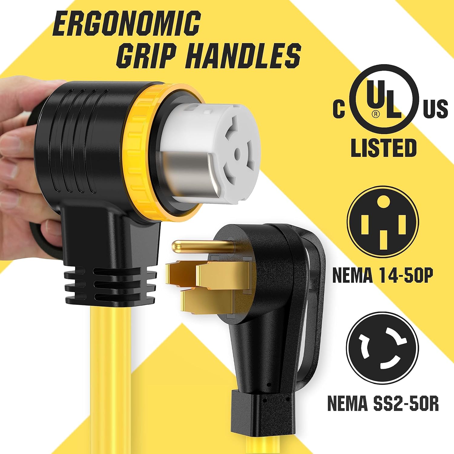 50 Feet 50 Amp RV/Generator Cord  UL Listed  100% Copper Wire  NEMA 14-50P to SS2-50R Twist Lock  Newly Designed 90°Grip Handle  6/3+8/1 Gauge STW Wire