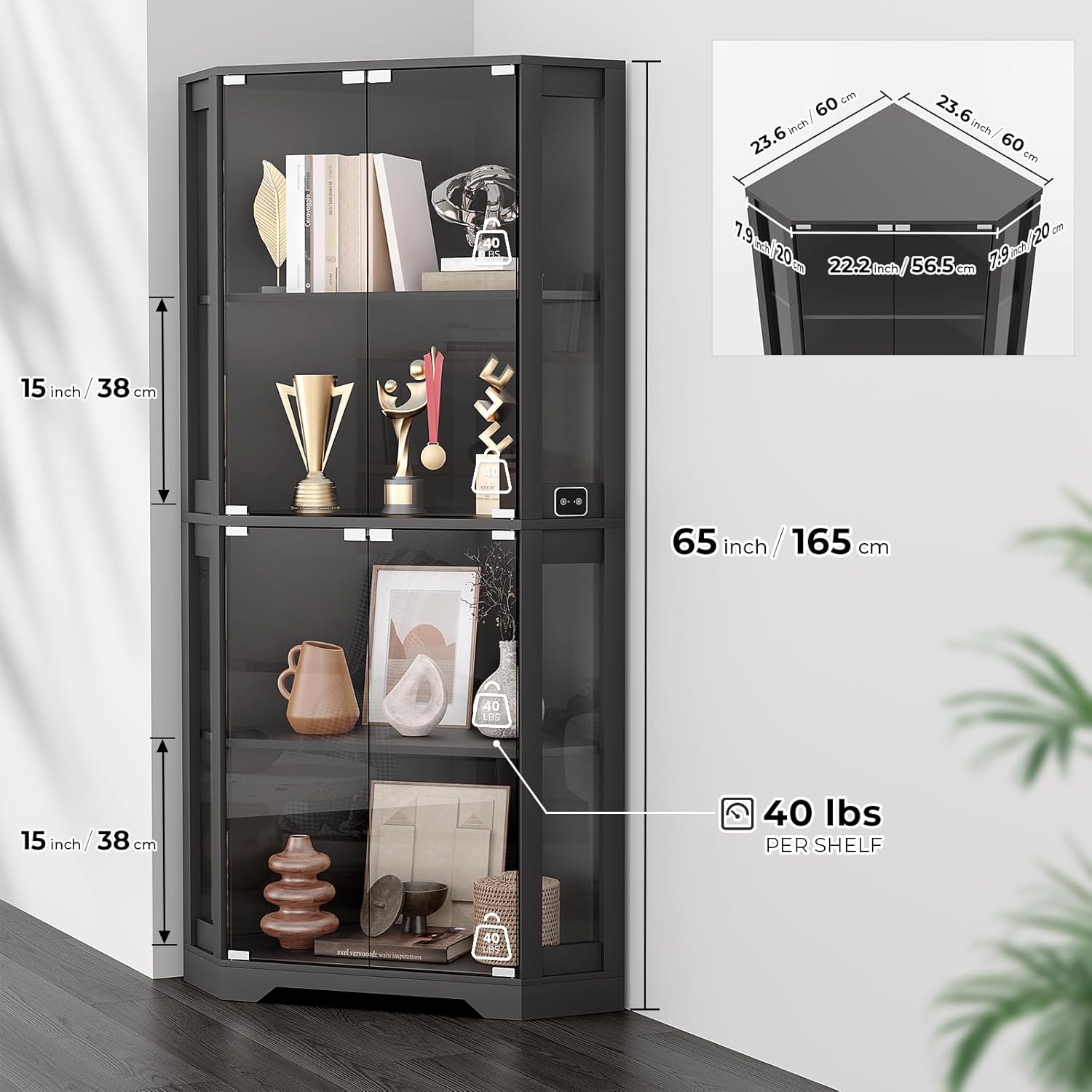 BROTTAR Corner Display Cabinet with Glass Doors, 65 Lighted Curio Cabinet with 3 Color LED Lights for Collectibles, 4-Tier Showcase Display Case with Human Body Sensor for Toys, Books, Black