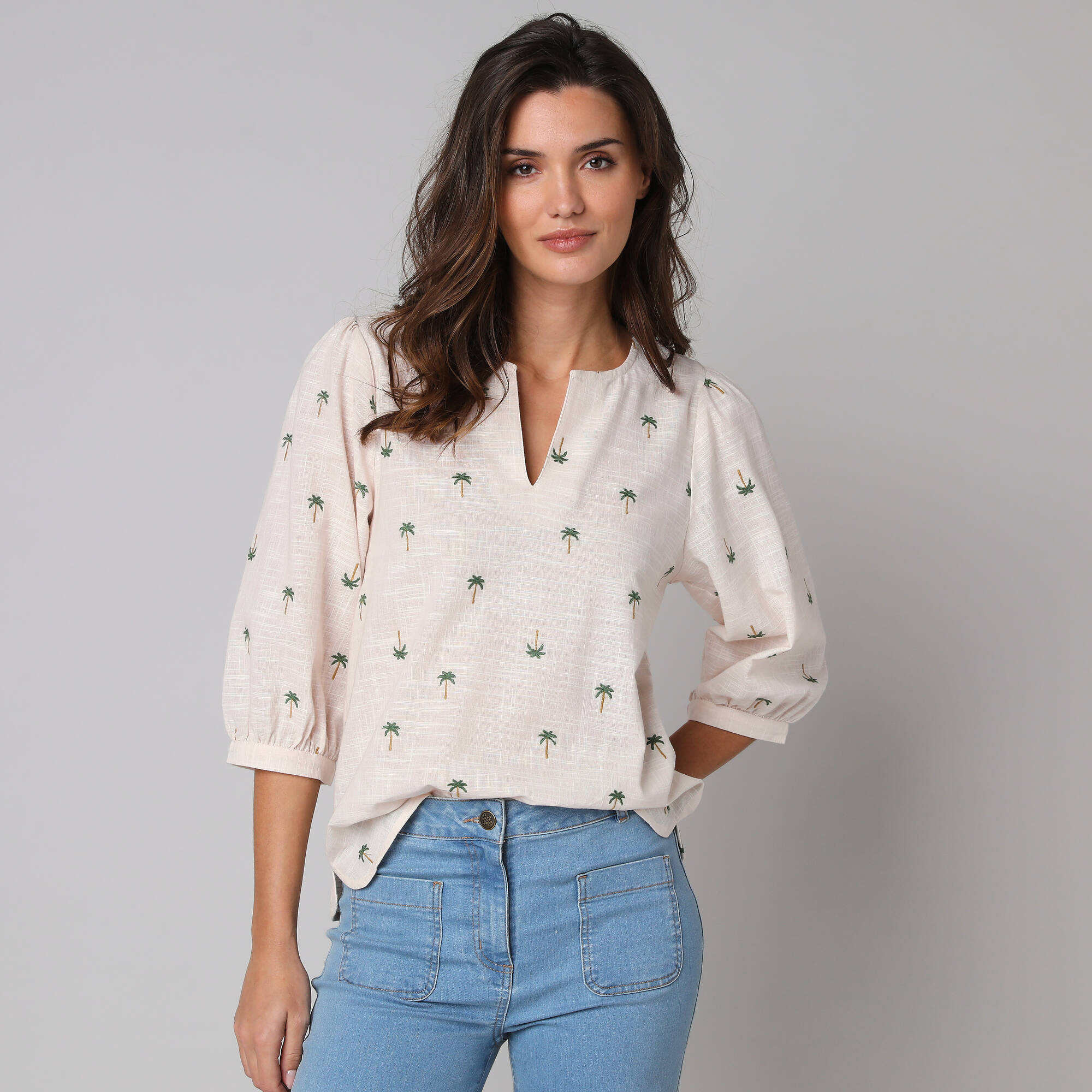 Blouse manches 3/4, broderies palmiers