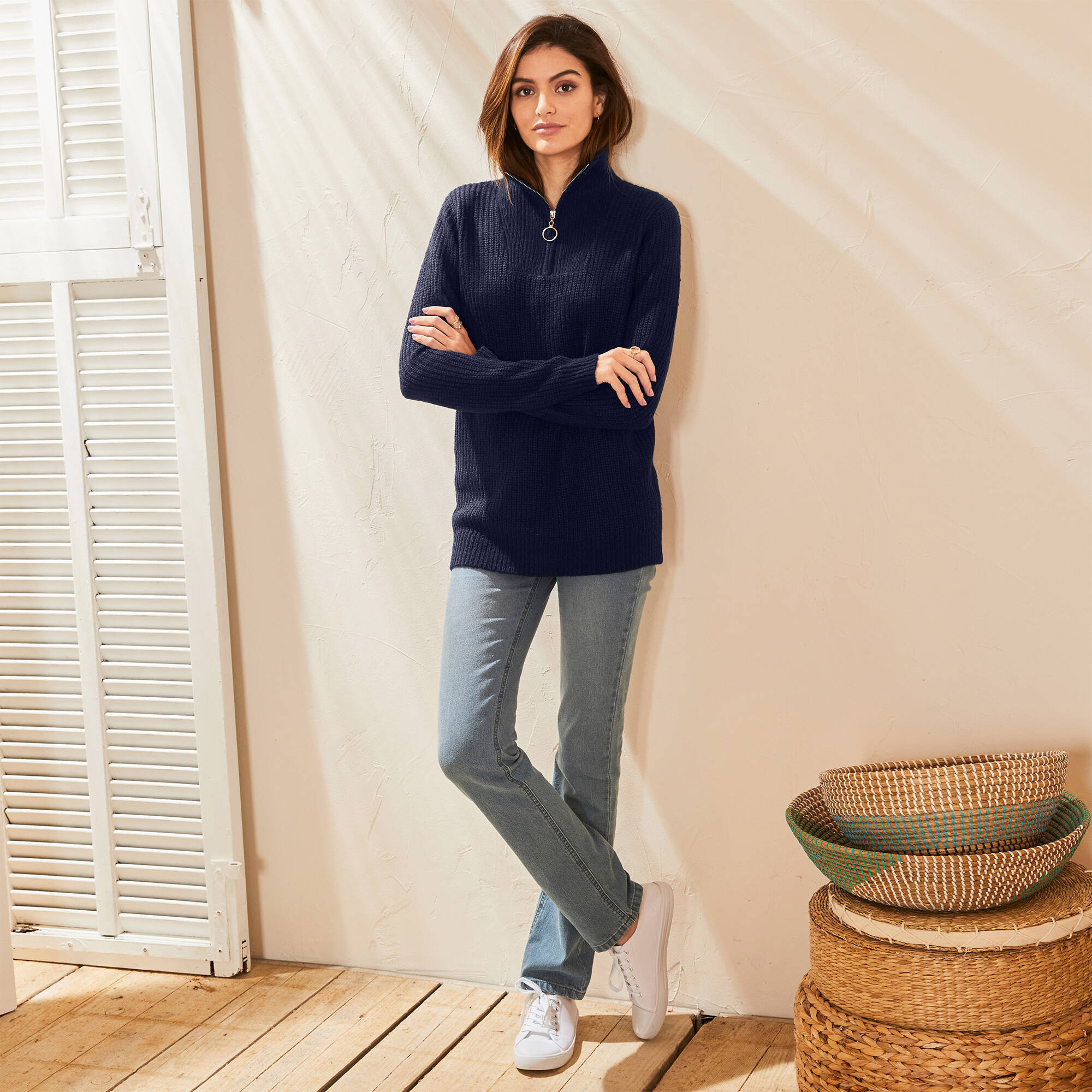 Pull col zippé, maille anglaise