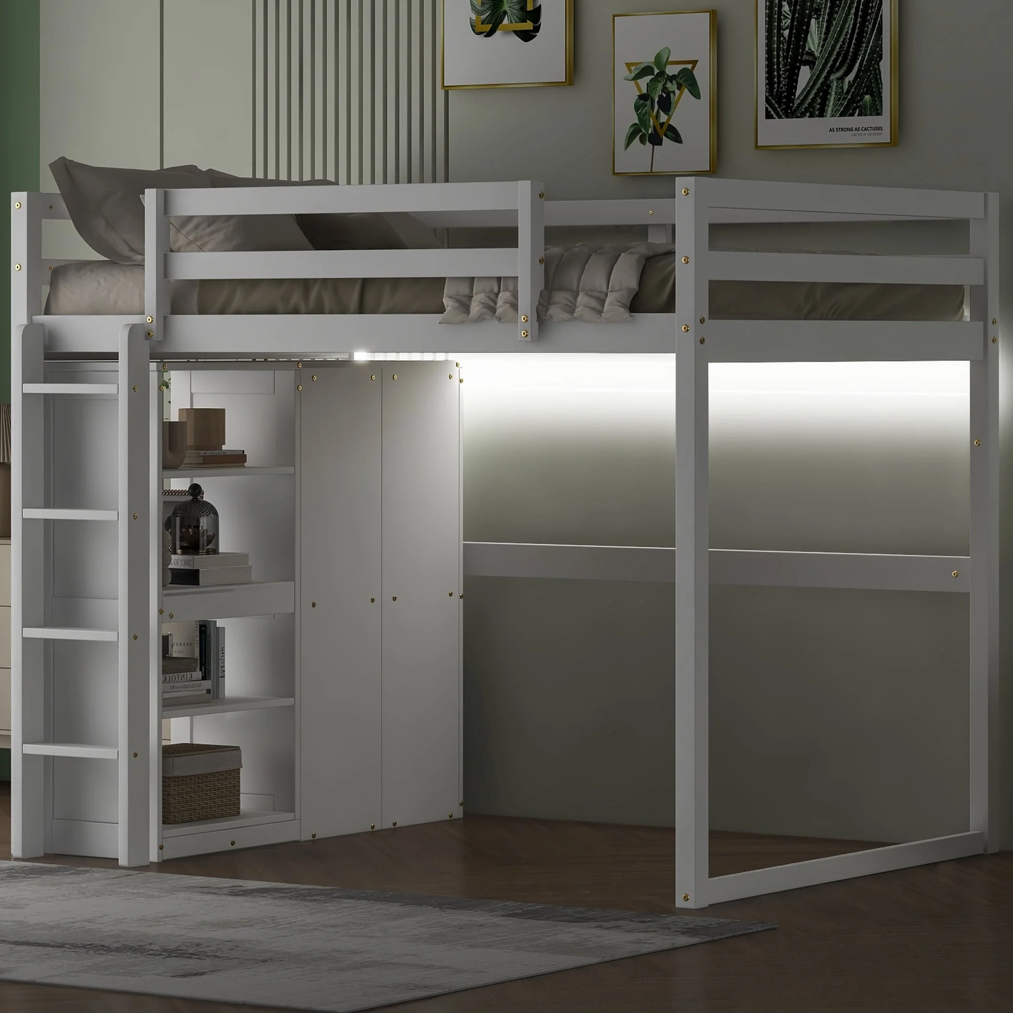 Full Size Loft Bed with Wardrobe, Storage Shelves, and LED Light - Modern Gray Design