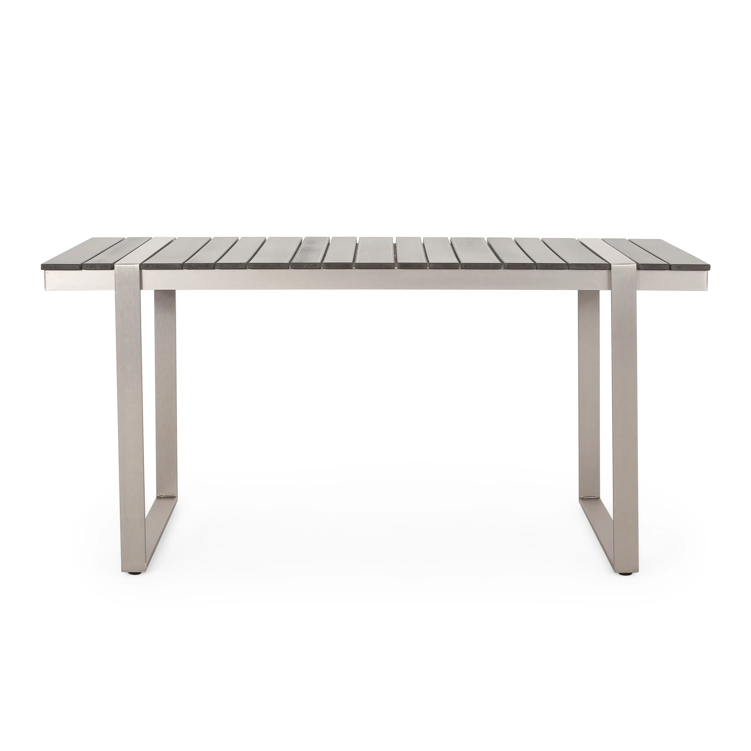 Ferry Outdoor Dining Table, Gray Faux Wood Slatted, Silver Metal, 63 Inch