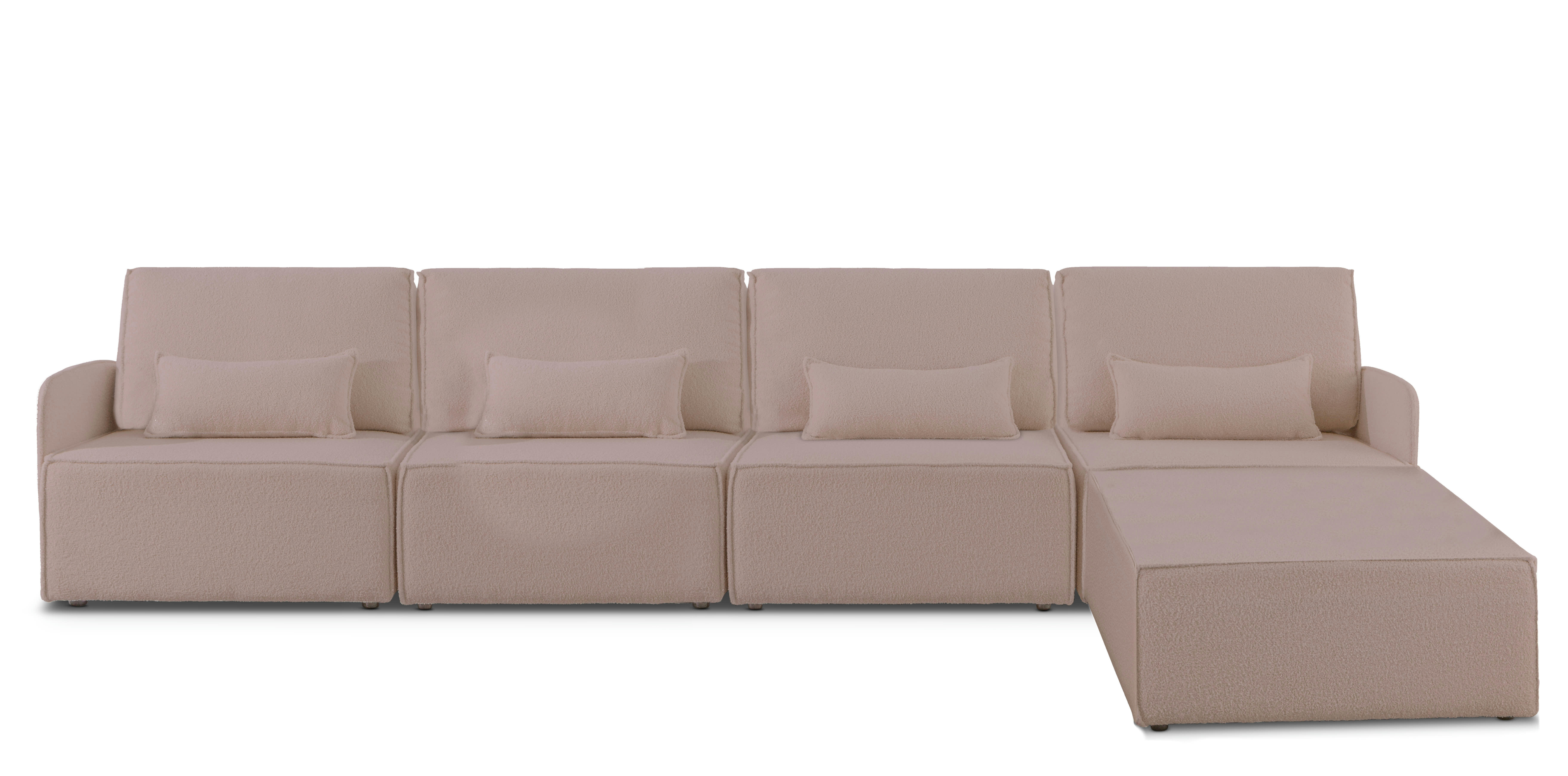 LEA - Canapé 4 places chaise longue en bouclé et en pin Rose clair