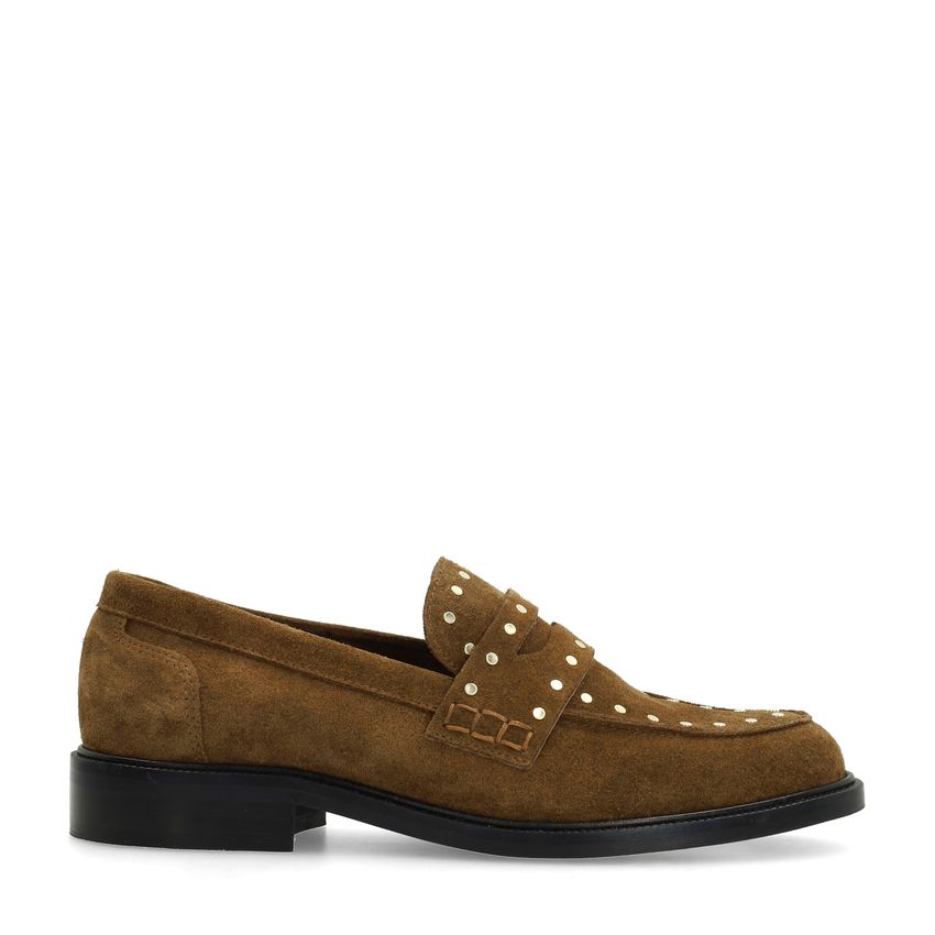 Manfield Bruine suède loafers met goudkleurige studs