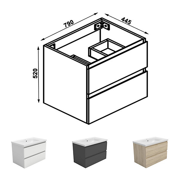 Meuble de salle de bain chêne 80cm, suspendu avec 2 tiroirs