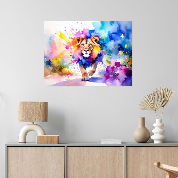 Plakat samoprzylepny do salonu Feeby Kolorowy Lew w dżungli Akwarela 30x20