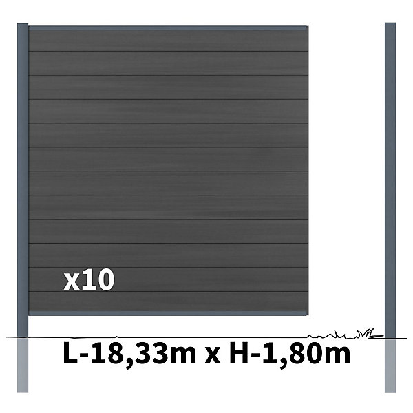 Kit Clôture Bois Composite Ardoise 18x1,8m CRUZ - Poteaux en Aluminium Gris - Brise Vue - Palissade