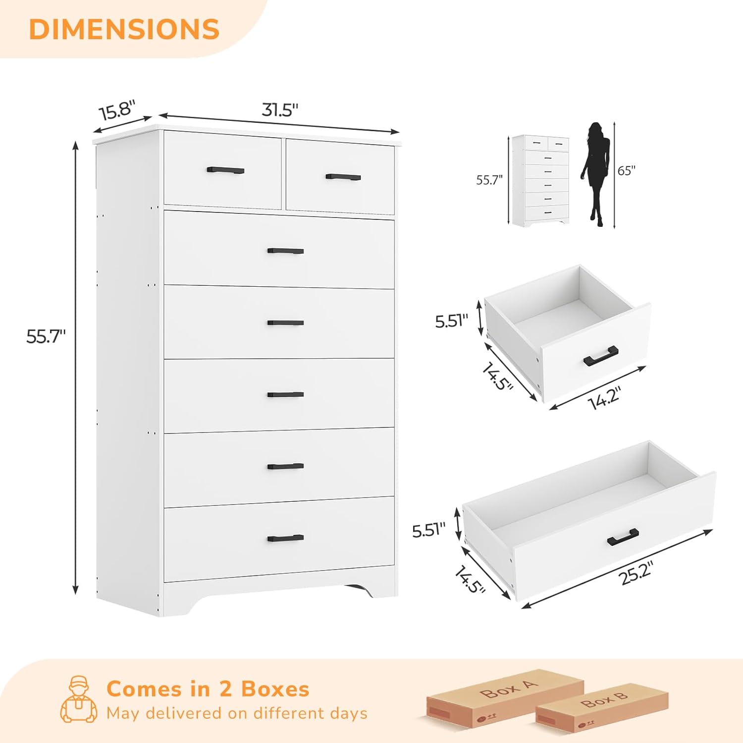 DICTAC White Dresser for Bedroom with 7 Drawers, 55.7 Tall Dressers Chest of Drawers, Modern Large Wood Storage Dresser Organizer with Metal Handle, Vertical Dressers for Bedroom Living Room Nursery