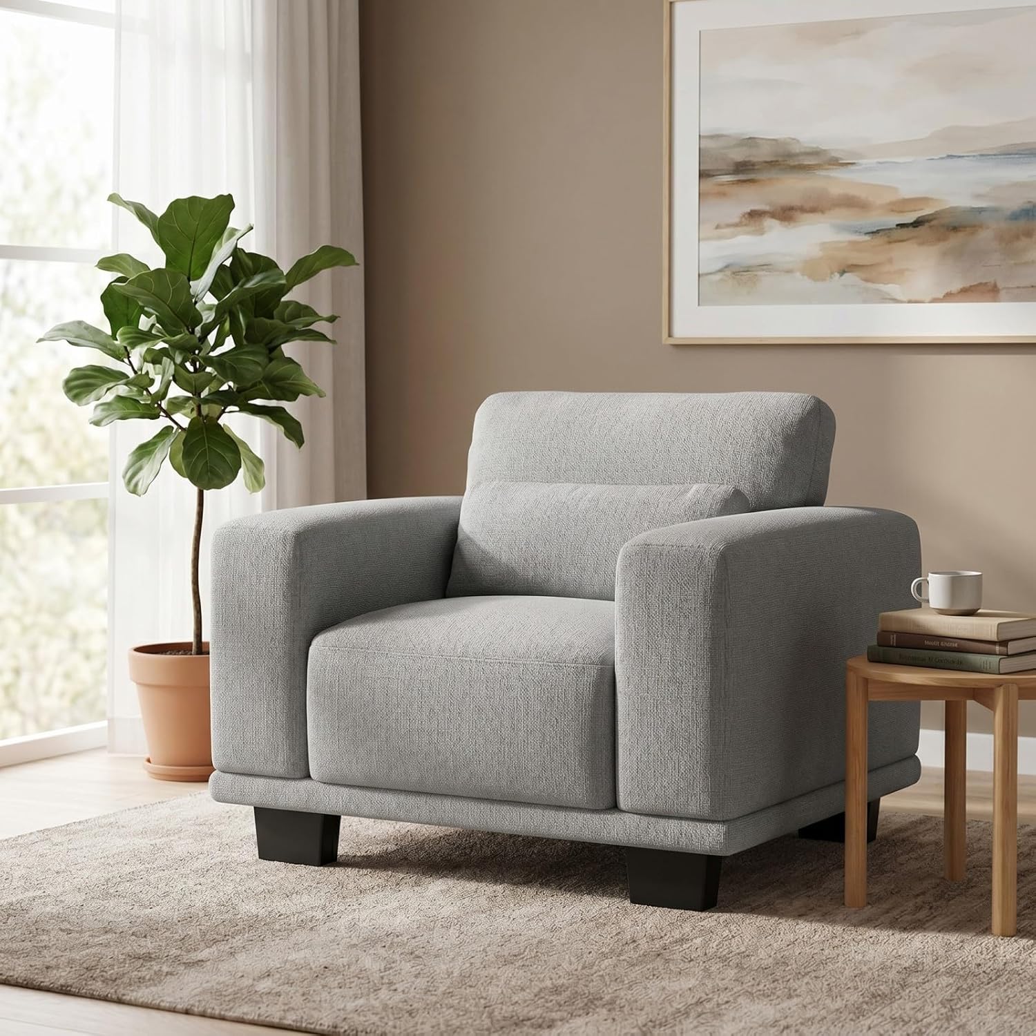 Marsail Single Seater Couch, 40 Inch Sofa with Deep Cushions, Modern Linen Fabric Sofas for Living Room, Comfy Upholstered Couch with Removable Washable Covers, Grey