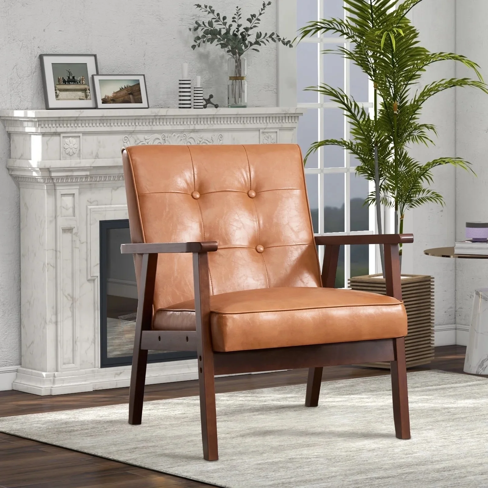 Ebello Mid-Century Modern Upholstered Leather Accent Chair with Solid Wood Frame