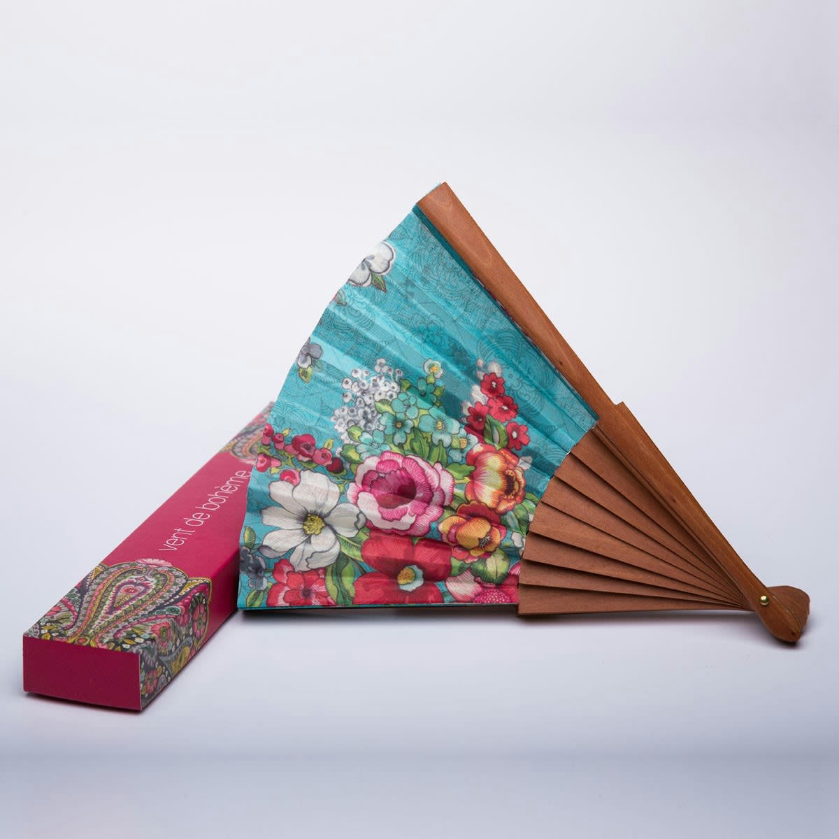 HANAMI - Éventail en bois de merisier et coton motif fleuri Turquoise