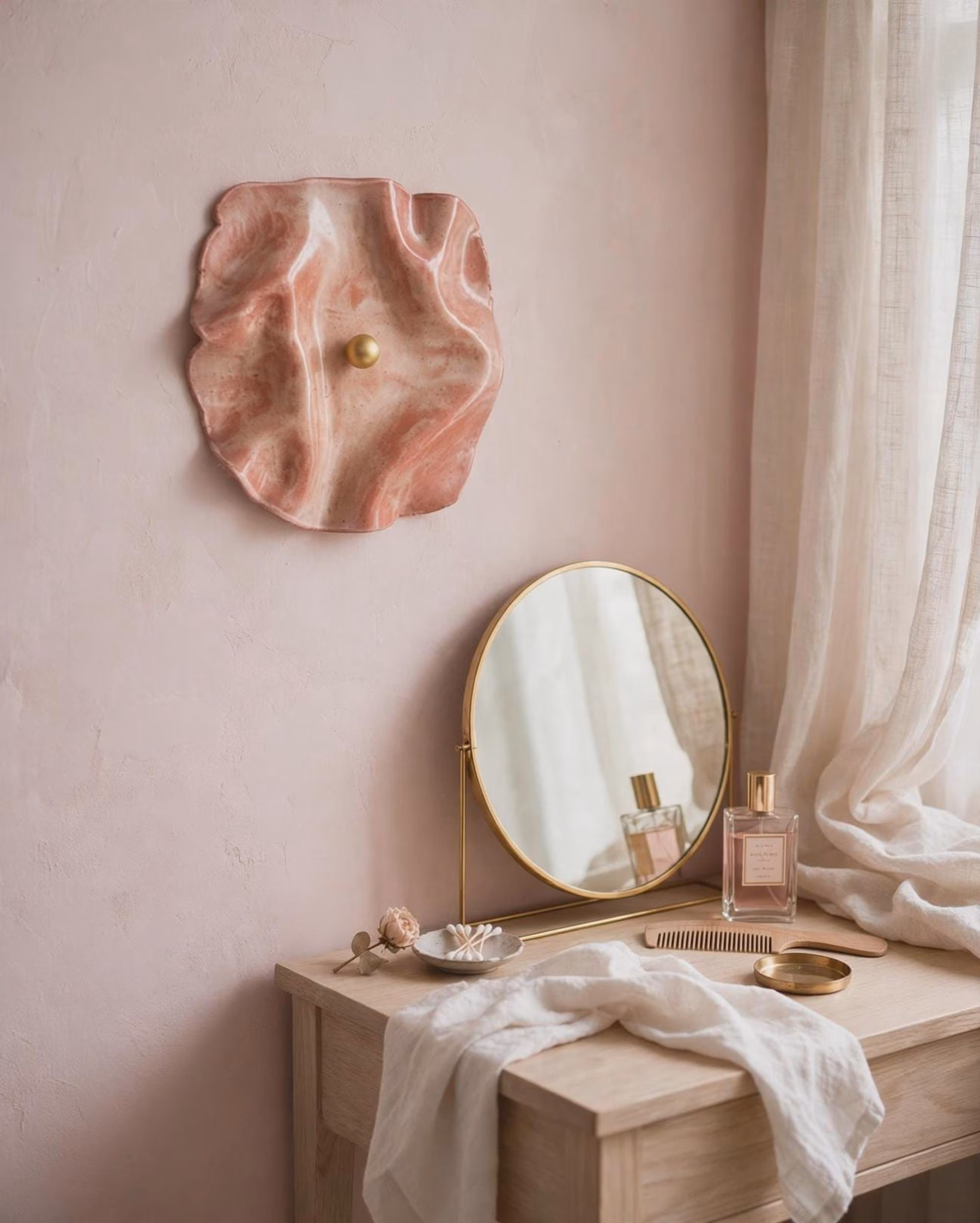 Pink Ceramic Wall Sculpture | Draped Wall Art | Handmade Stoneware Wall Decor | Modern Organic Wall Hanging | Draped Rosewood