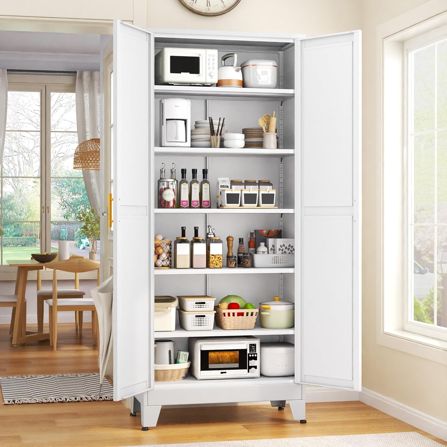 GAIOUS 75.2 Tall Metal Kitchen Pantry Storage Cabinets with 2 Door and 5 Adjustable Shelves, Cupboard for Kitchen, Dining Room, Living Room and Bathroom, White