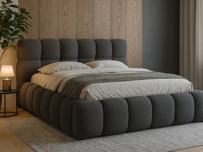 Łóżko 140x200 Coco bouclé tapicerowane z pojemnikiem, Quelle 92