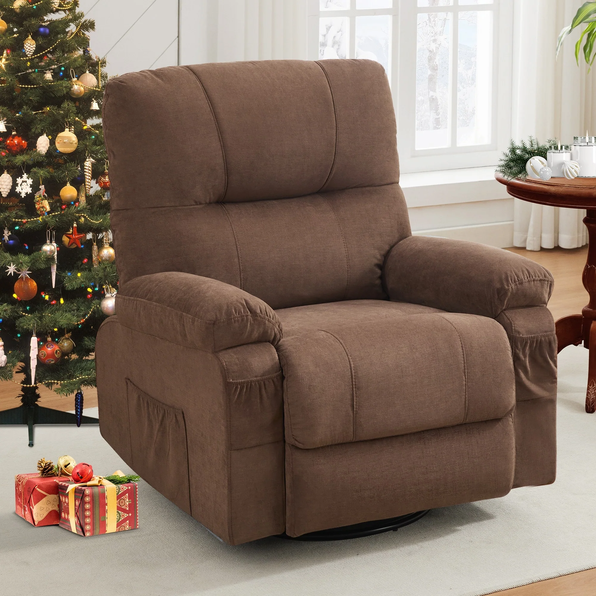 360° Linen Swivel Rocker Recliner with Side Pockets