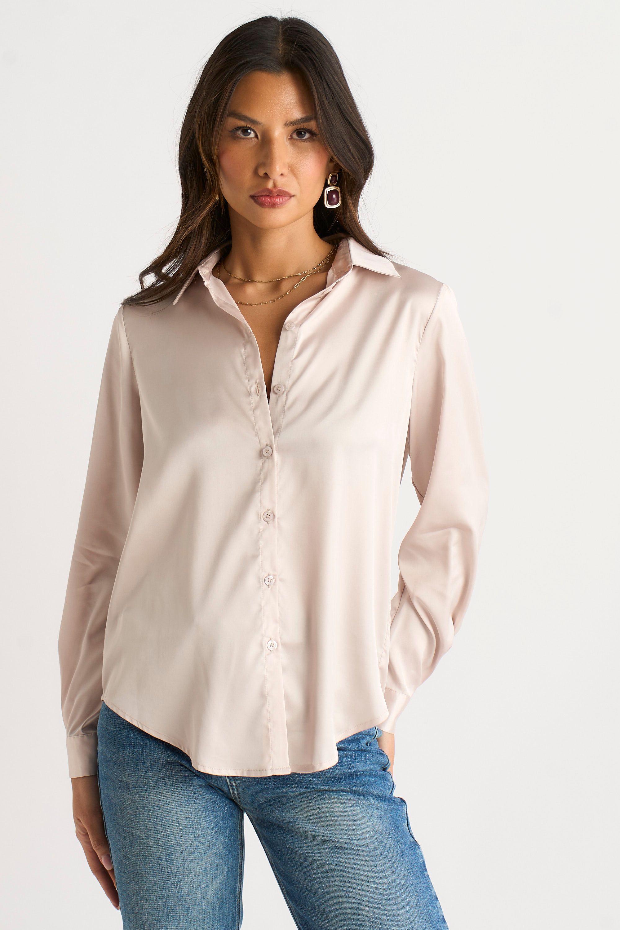 Gini London Oyester Satin Loose Fit Button Through Shirt