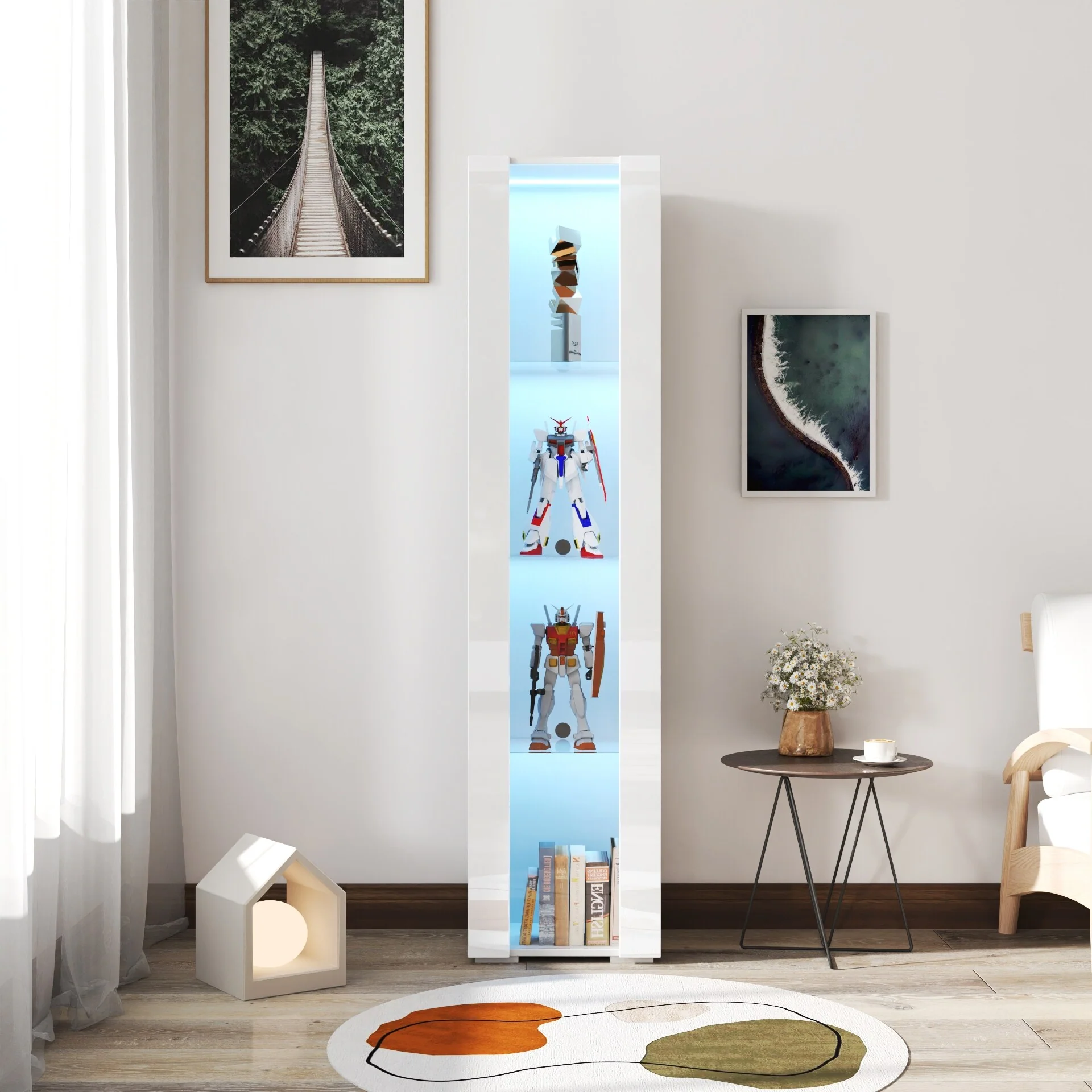 4-Tier Storage Display Cabinet with Shelves, LED Light Accent Cabinet Curio Cabinet Modern Side Cabinet for Living Room