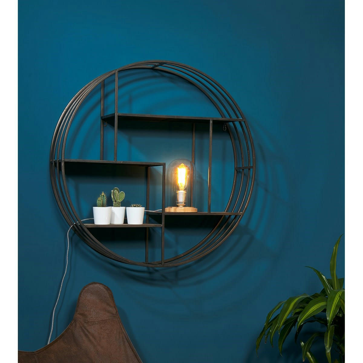 - Etagère ronde mix bois métal noir