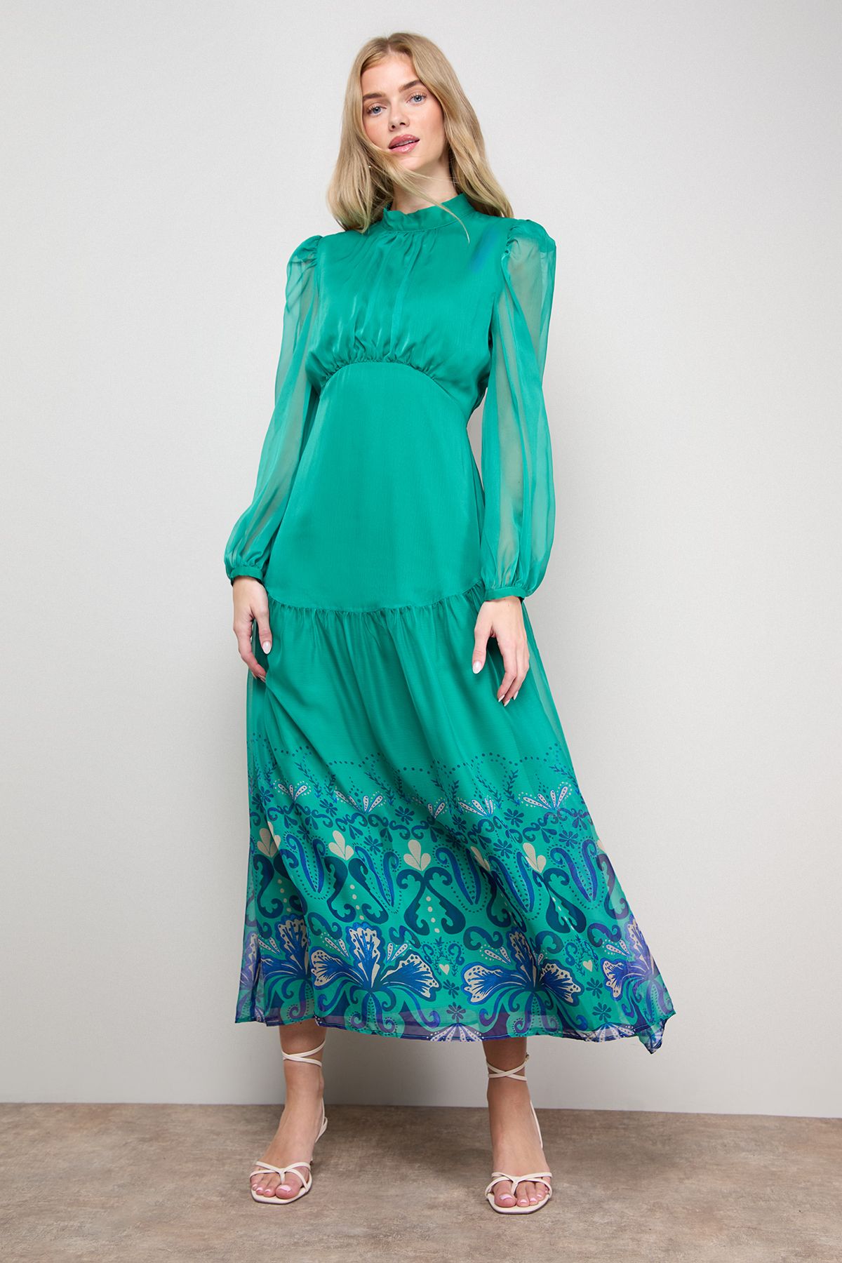 Oasis Printed Dropped Curved Waist Long Sleeve Maxi Dress