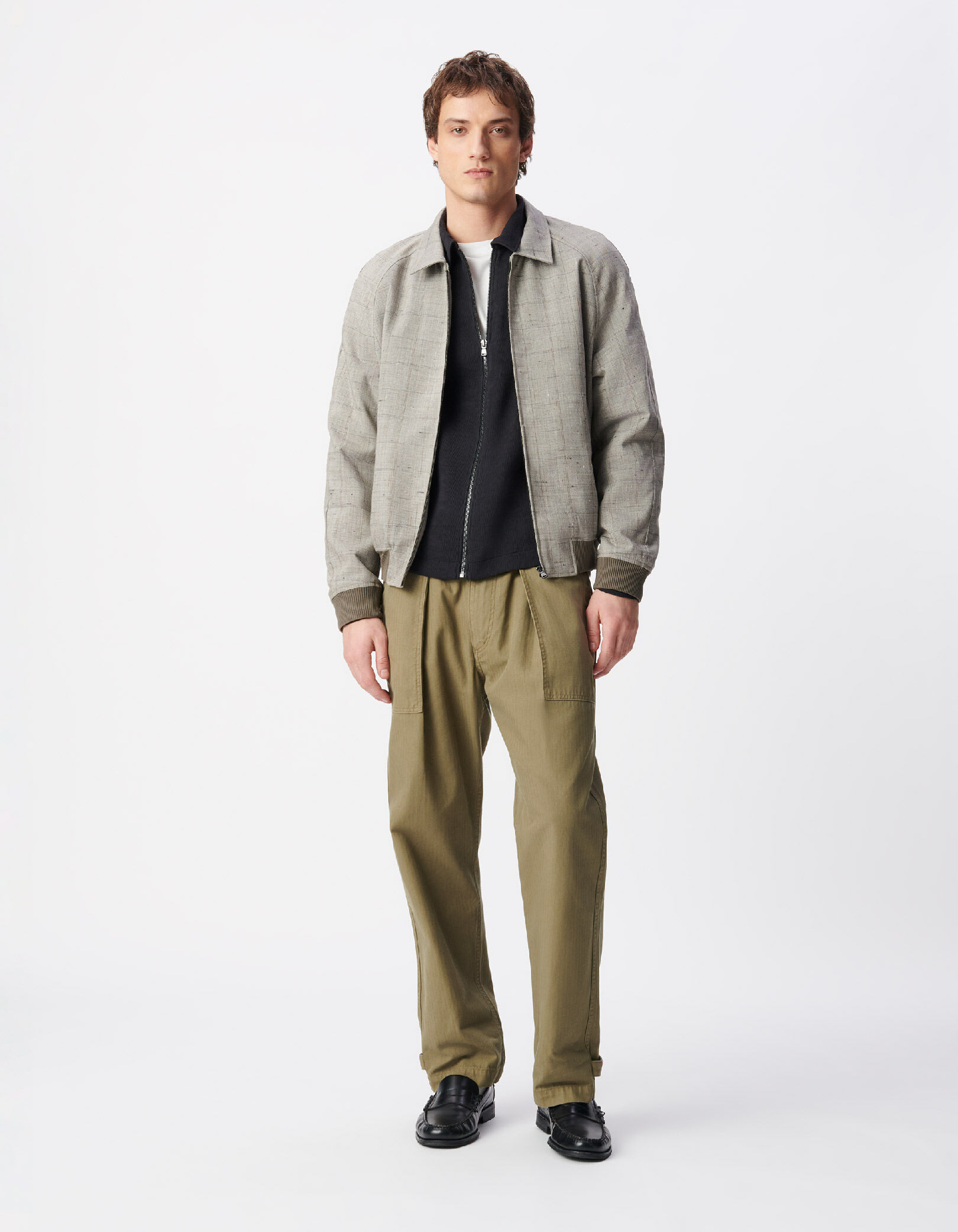 Bomber taupe zippé motif carreaux Homme