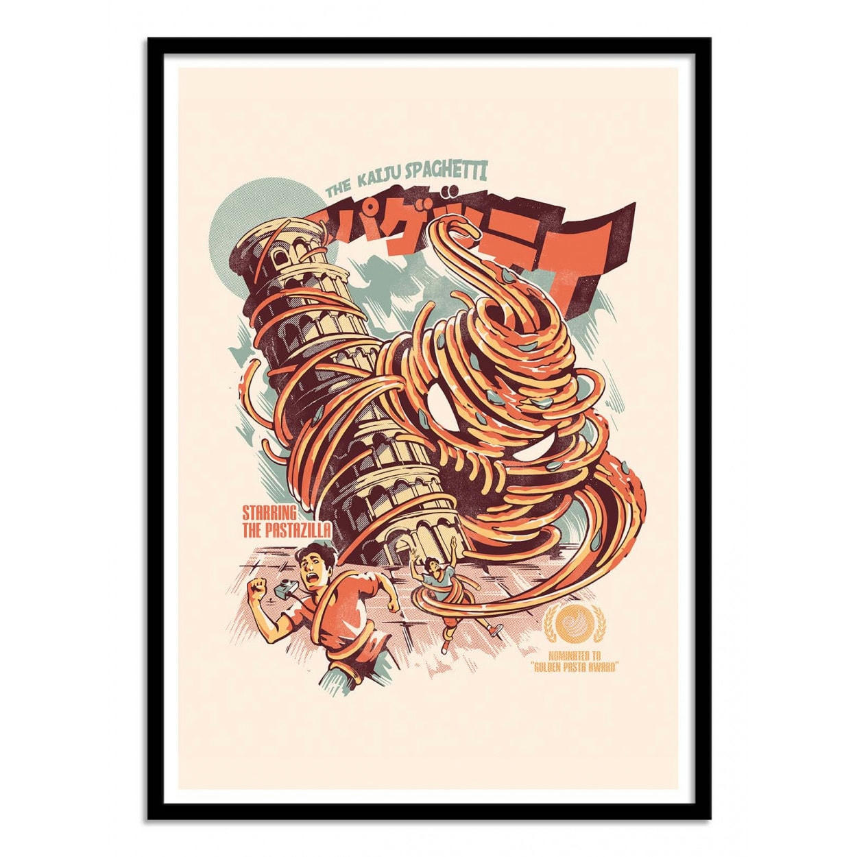 ILUSTRATA - THE KAIJU SPAGHETTI - Affiche d'art avec Cadre bois noir - 50 x 70 cm