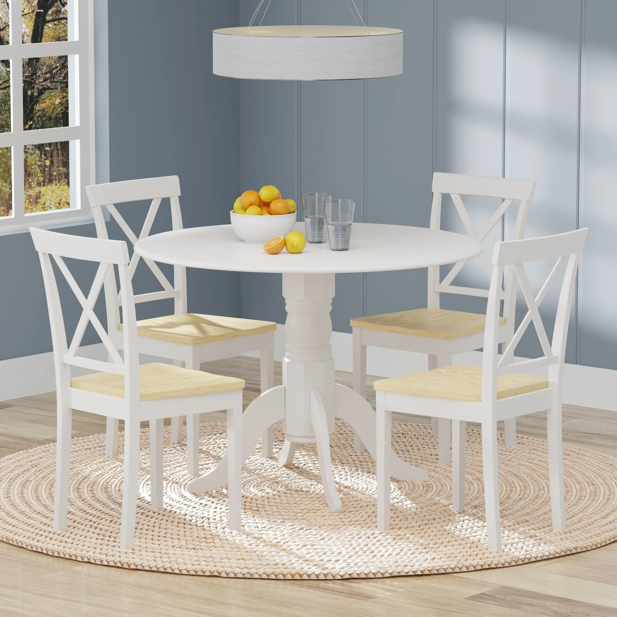 5-Piece Dining Set, 42 Round Drop-Leaf Table and X-Back Chairs