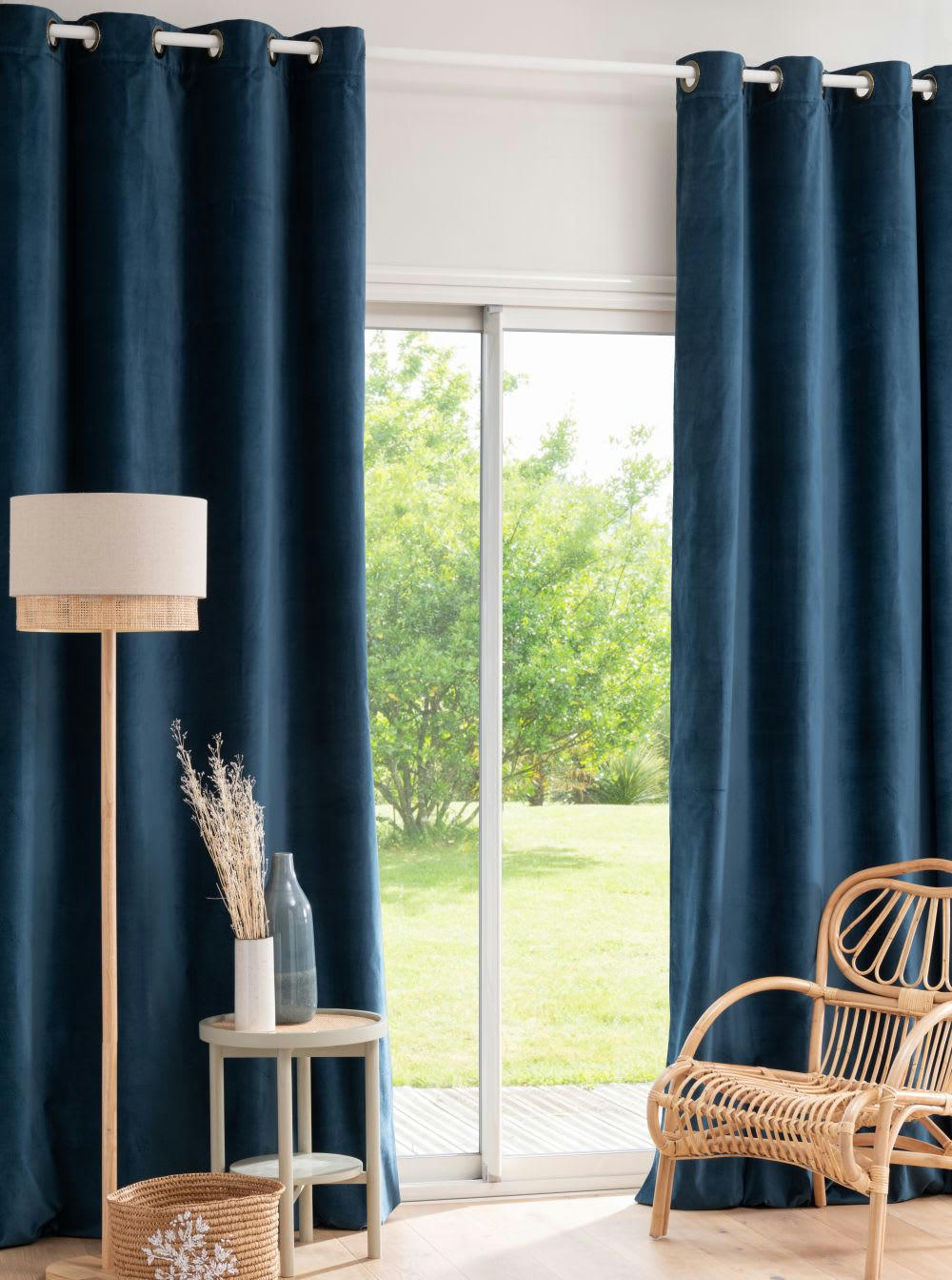 - Rideau à œillets en velours de coton bleu indigo à l'unité 140x300