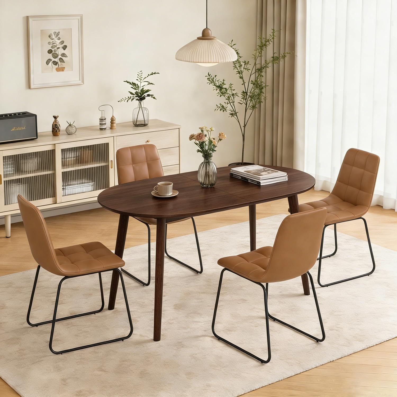 63 Oval Dining Table Set for 4, 5 Piece Modern Dining Table Set for Kitchen and Dining Room, Solid Wood Legs Dining Table with 4 Checkered PU Leather Dining Chairs（Walnut Table+4 Brown Chairs)