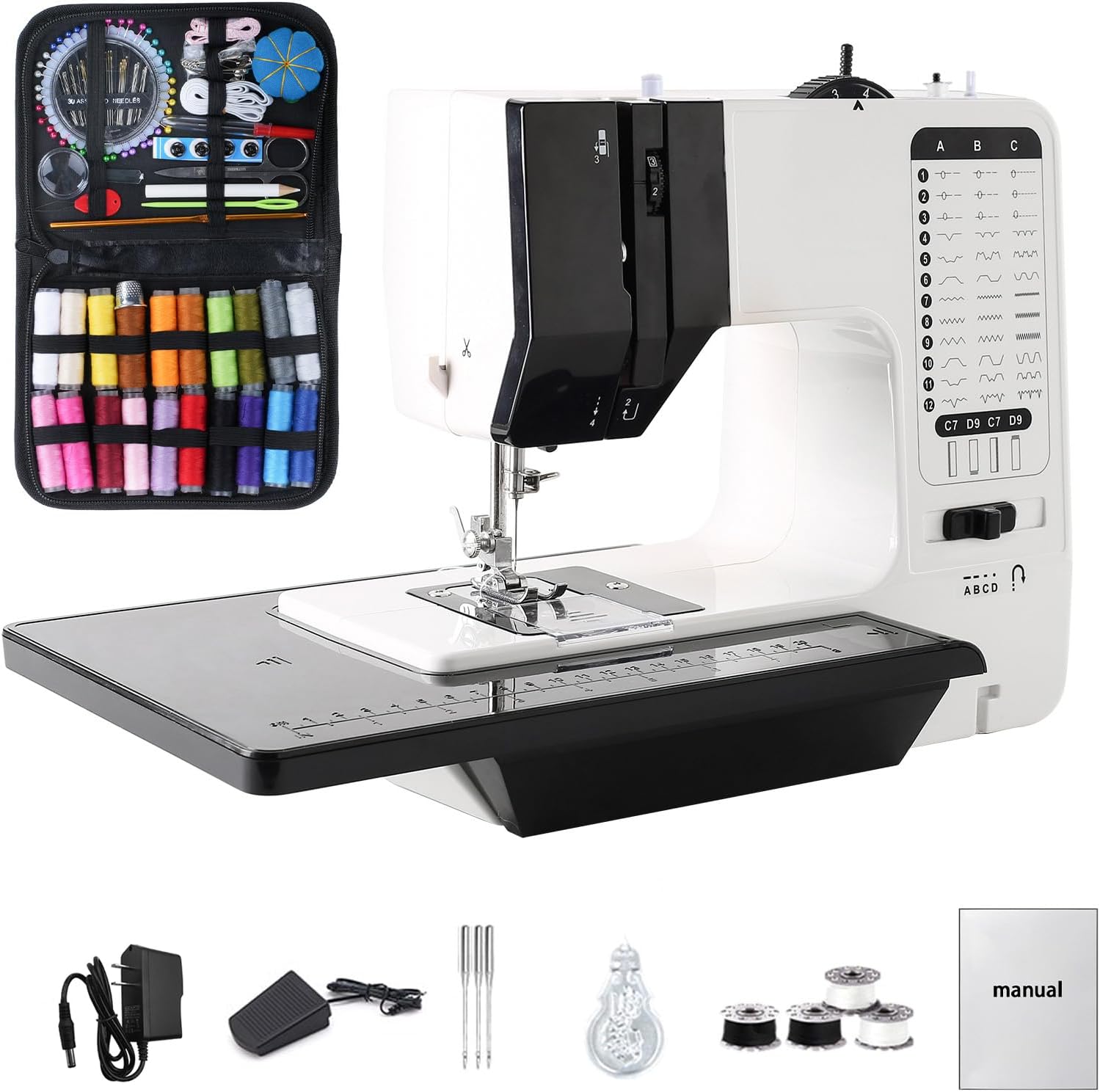 12 Stitches Mini Electric Sewing Machine with Sewing Table and 113 Pcs Sewing Kit Portable Sewing Machine with Dual Speed for Beginners