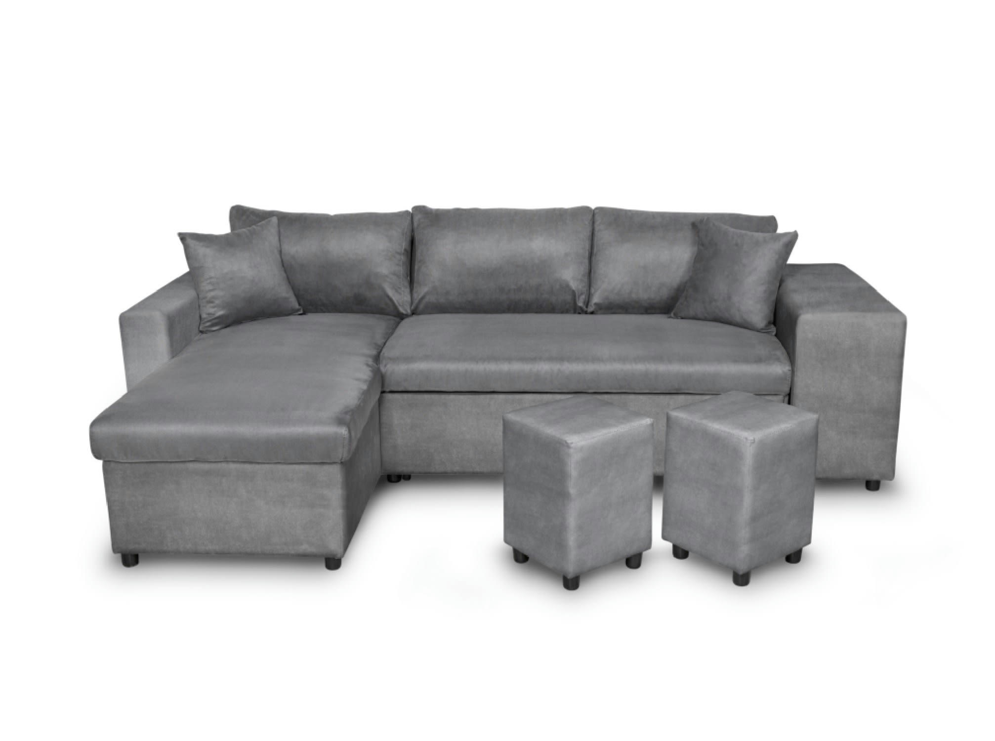 OSLO - Canapé d'angle gris convertible avec rangements poufs à gauche