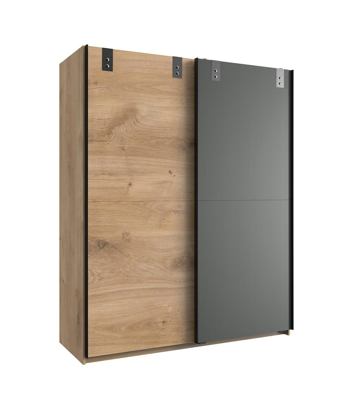 - Armoire 2 portes coulissantes : 1 décor chêne + 1 graphite - L135cm