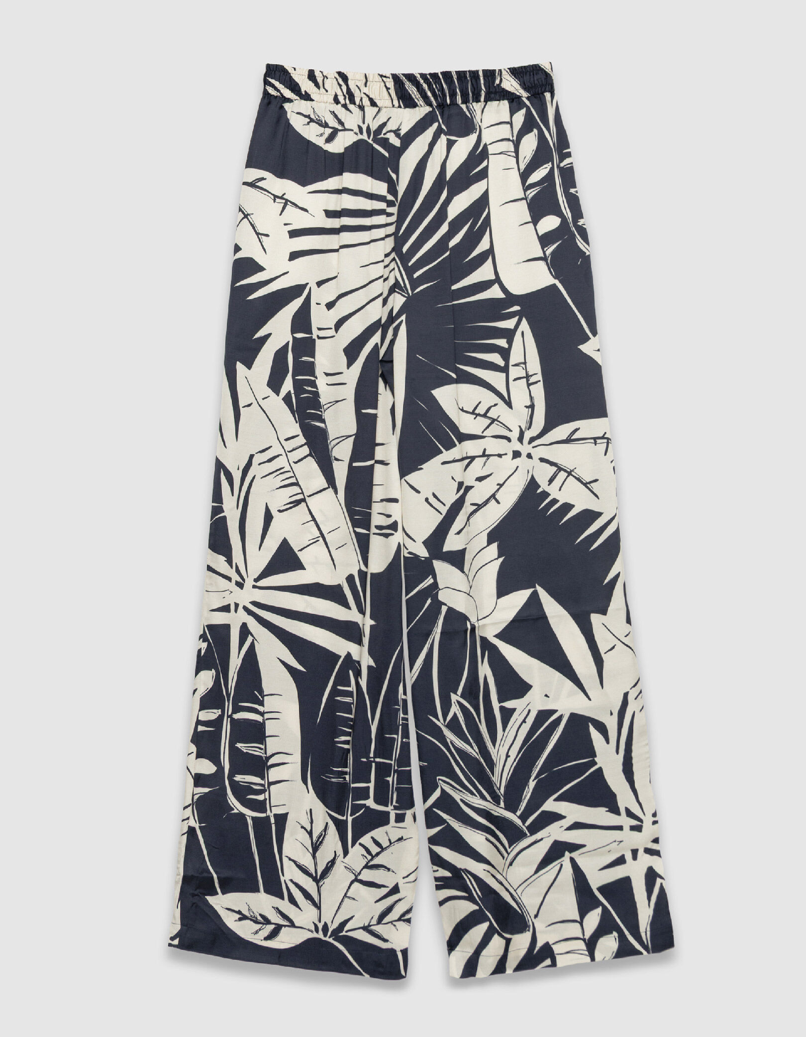 Pantalon large marine satiné imprimé maxi feuilles Femme