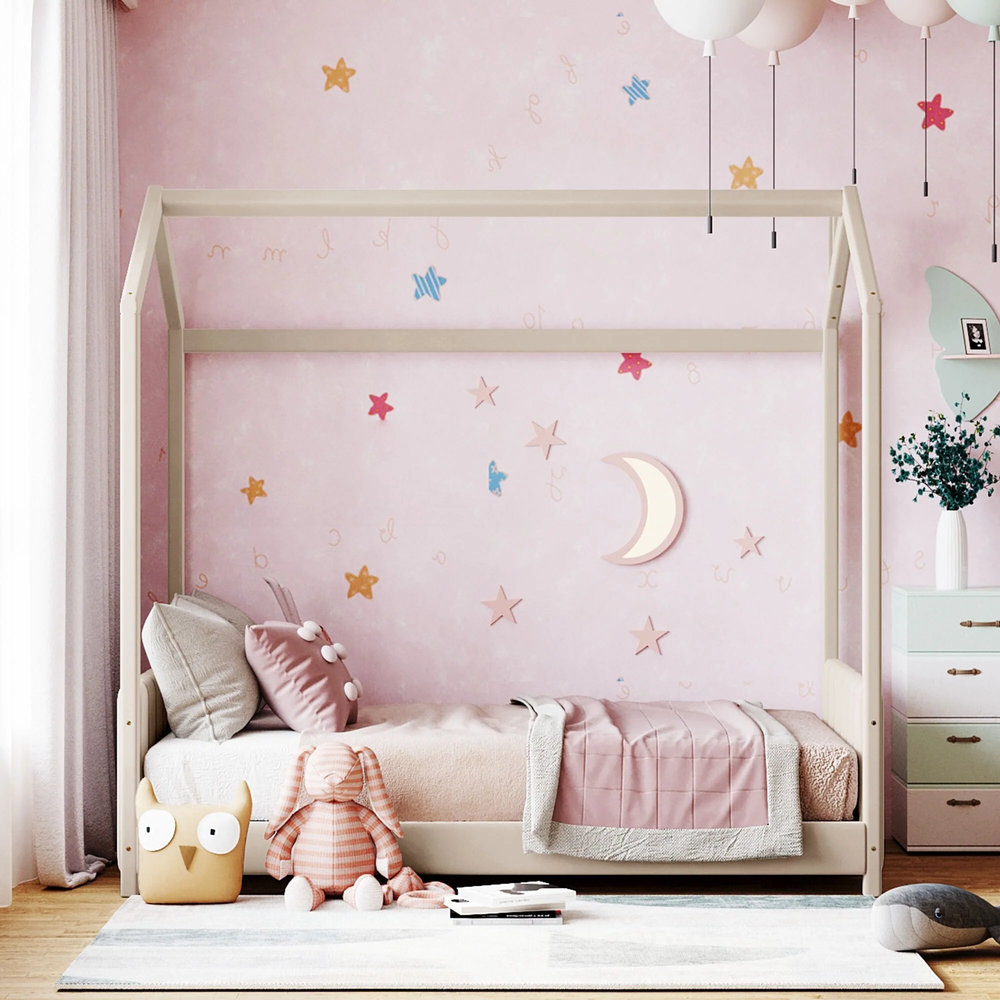 Full Size Velvet House Bed with Sturdy Pine Frame and Playhouse Design