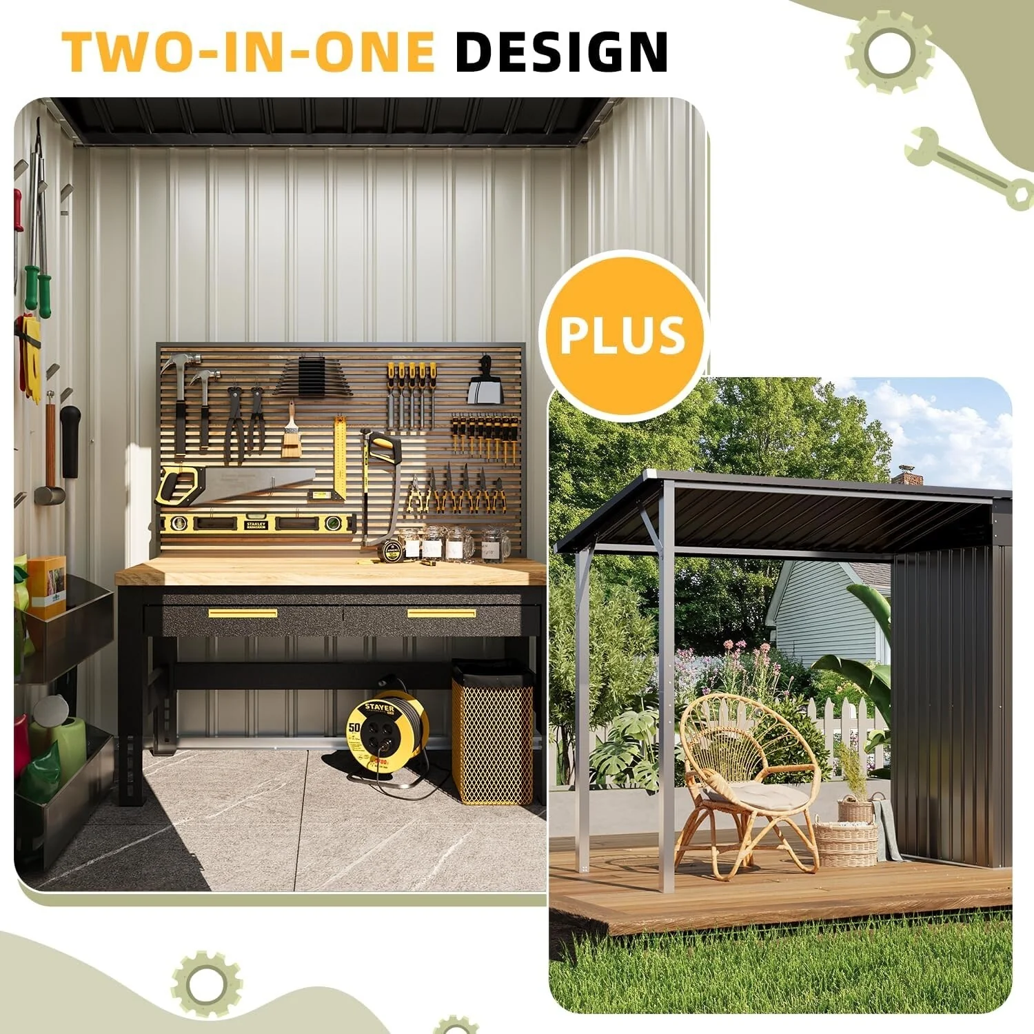 AECOJOY Outdoor Open-Sided Storage Shed Tool Shed Attached Hardtop Metal Pergola Gazebo