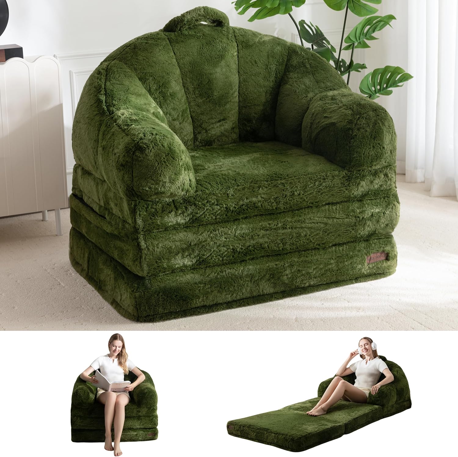 MAXYOYO Folding Sofa Bed, 2 in 1 Convertible Sofa to Lounger Comfy Single Bean Bag Chair for Adults, Floor Sleeper Couch with Handle, Faux Fur Couch Bed for Living Room Bedroom, Green