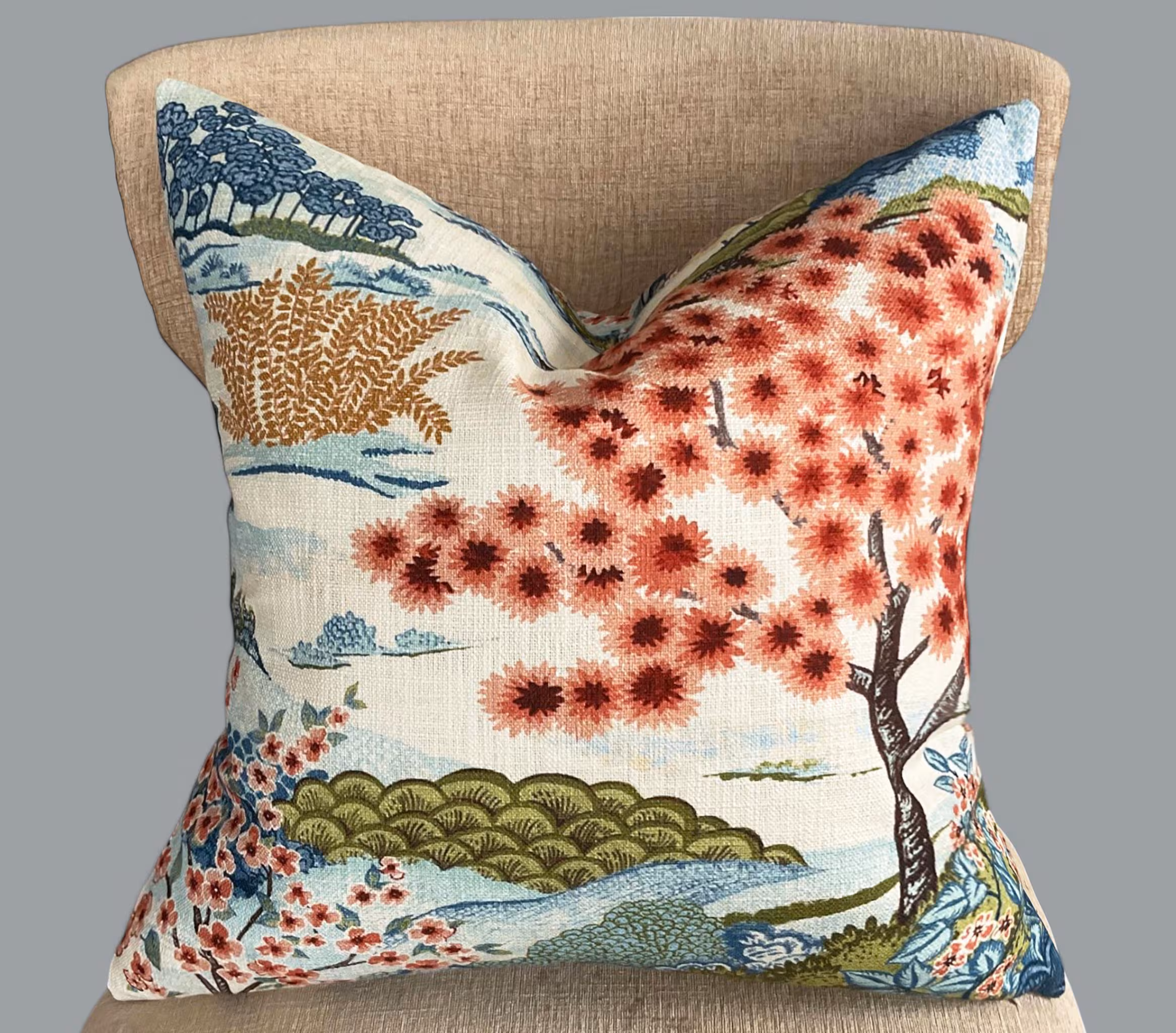 Blossom Landscape Pillow Cover, Coral Blue Throw pillows, Euro shams, lumbar sizes, 18x18, 20x20, 22x22, 24x24