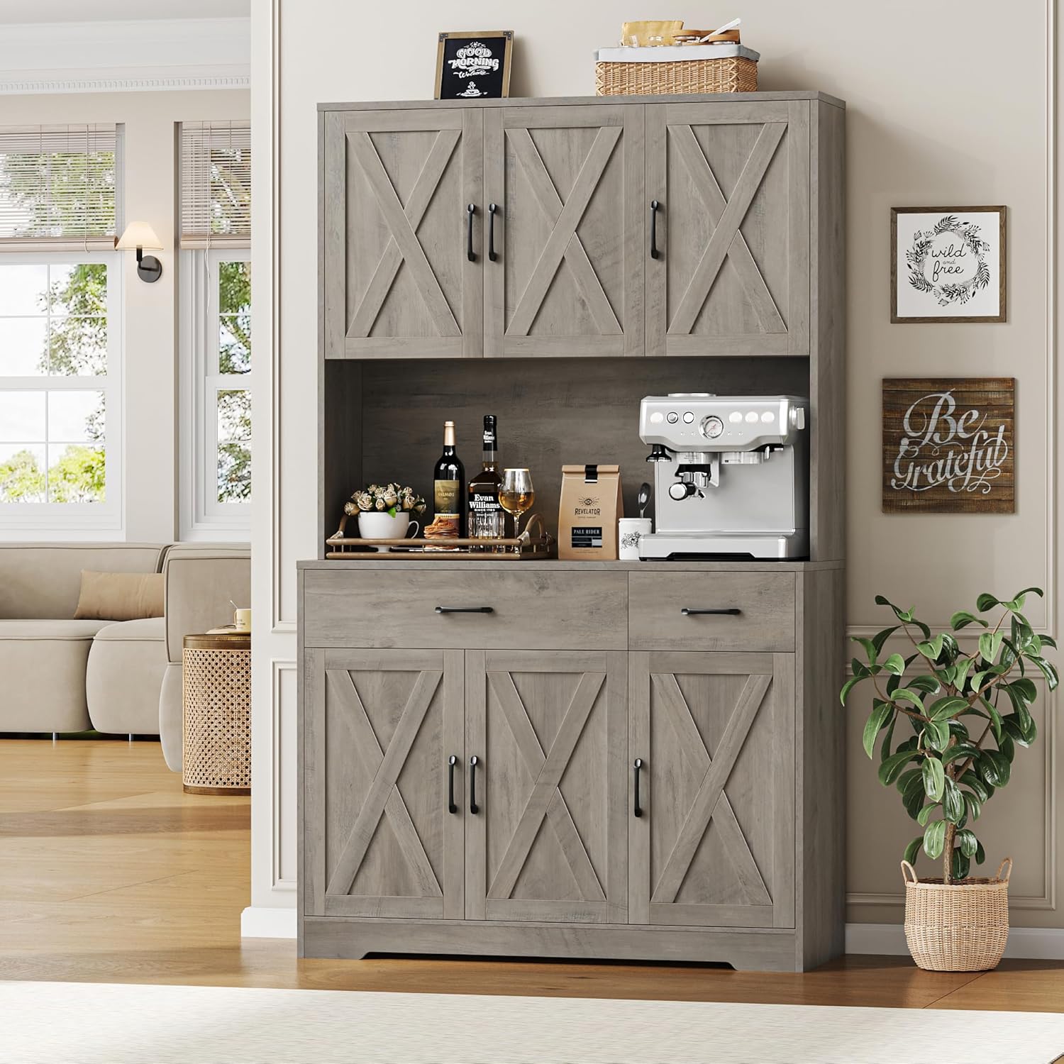 HOSTACK 71 Pantry Cabinet with Charging Station, Tall Kitchen Pantry Storage Cabinet with Microwave Stand, Farmhouse Kitchen Hutch with Storage Drawers for Living Room, Dining Room, Ash Grey