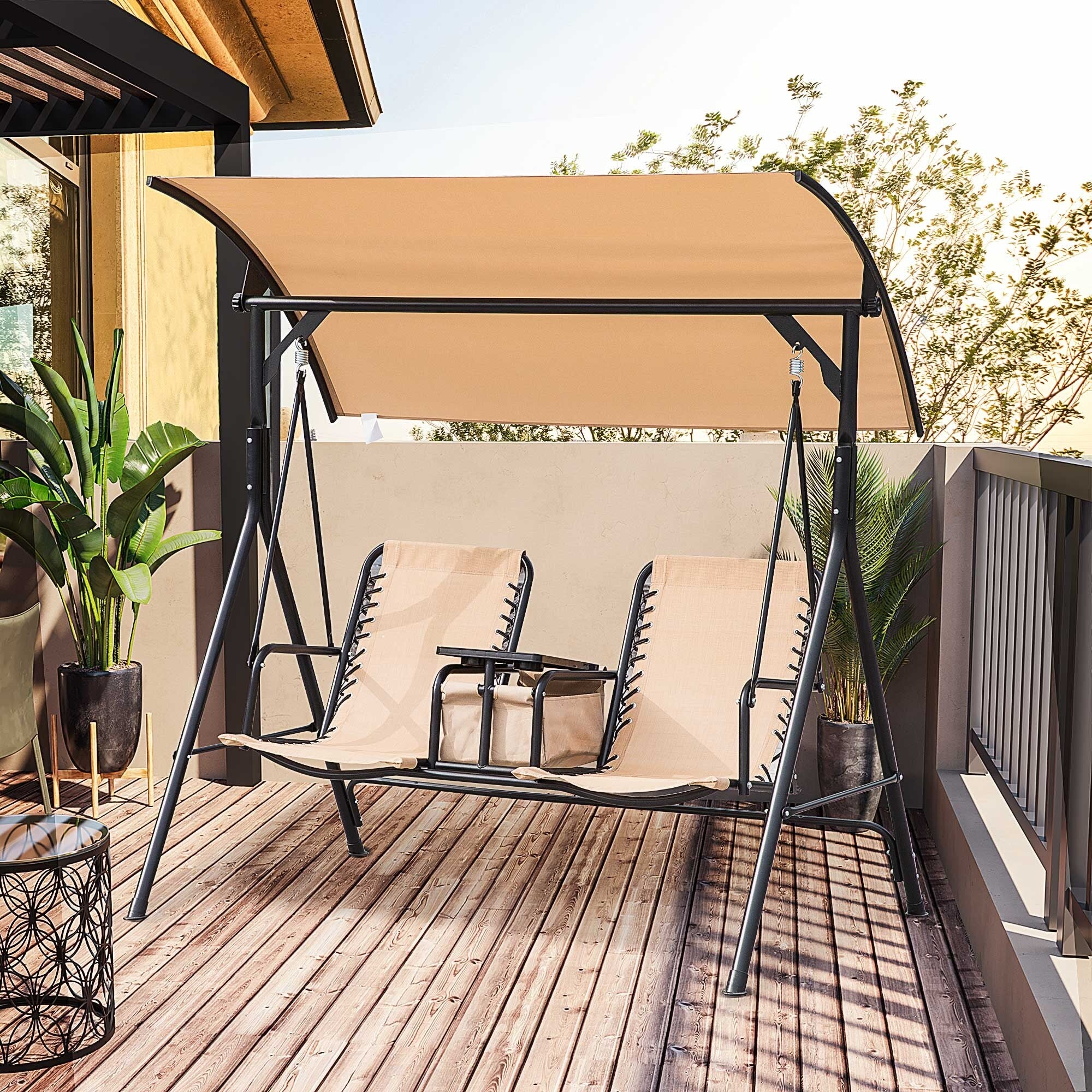 Patio Swing Hanging Chairs with Adjustable Sunshade, Storage Bag, Tabletop Cup Holder, 2-Seat Swing Lounge Rocking Chair