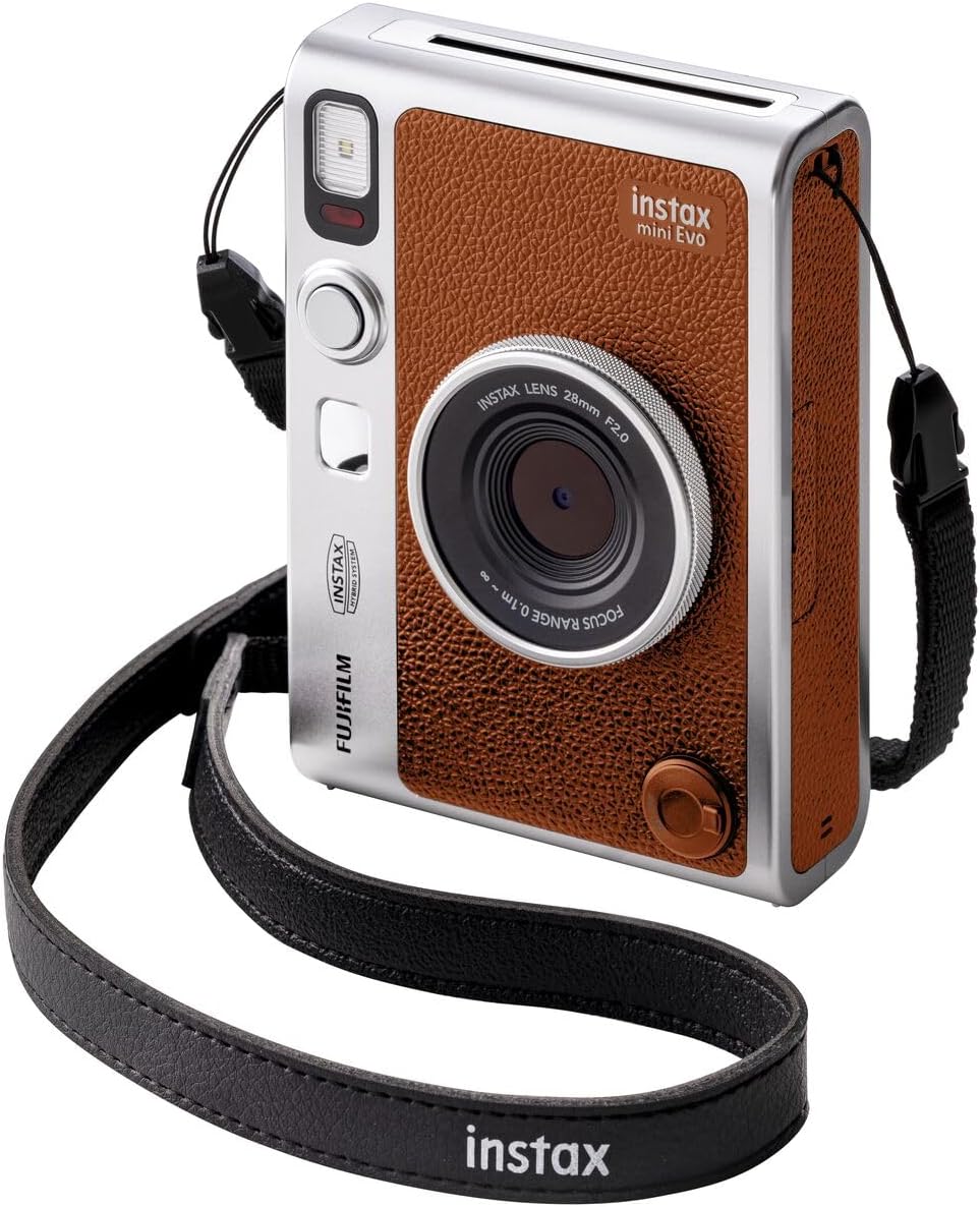 Fujifilm Instax Mini EVO Hybrid Brown Instant Camera | Instax Mini Twin Pack Instant Film | 32GB microSD Card with Adapter | Brown Camera Case