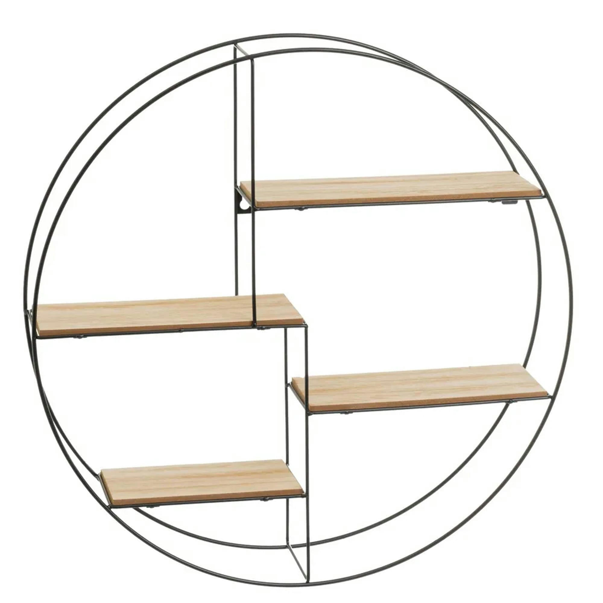 - Étagère murale ronde en métal noir et bois 4 tablettes 50x50x10cm