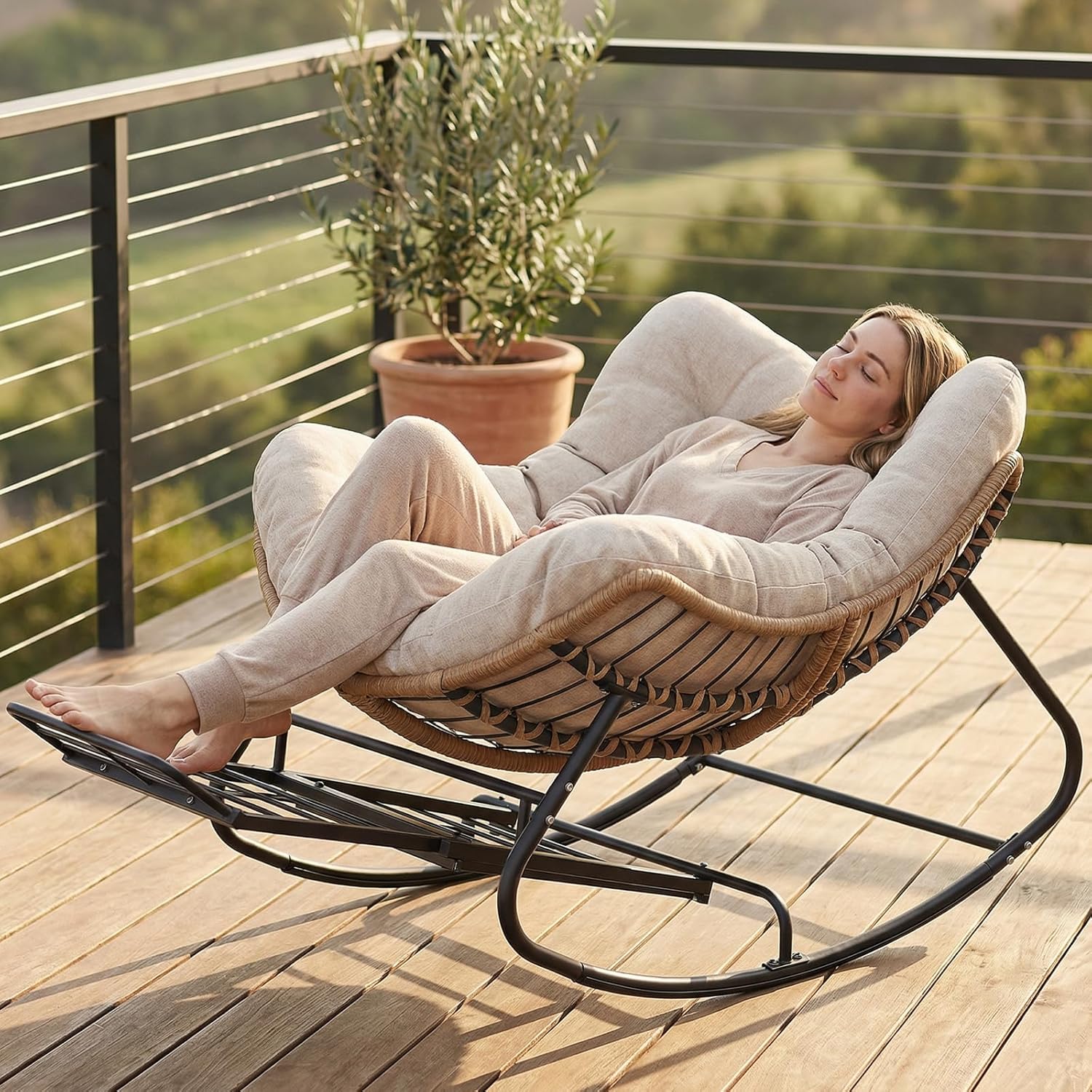 SWITTE Outdoor Rocking Chair with Footrest, Oversized Patio Papasan Rocker, Comfy Wicker Reading Lounge, Indoor Bed-Like Egg Chair for Bedroom,Balcony, Porch, Garden, Natural
