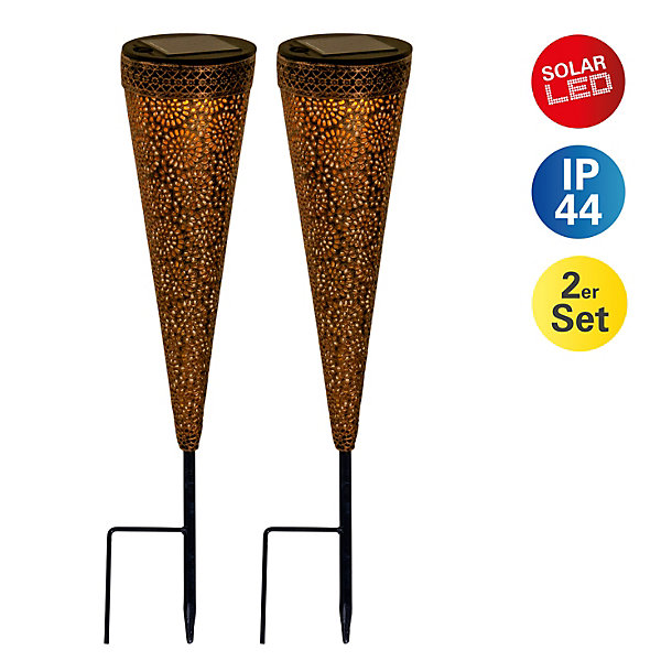 Lot de 2 lampes solaires à LED 'PAULA' , pour l'extérieur, piquet de terre en métal et plastique marron