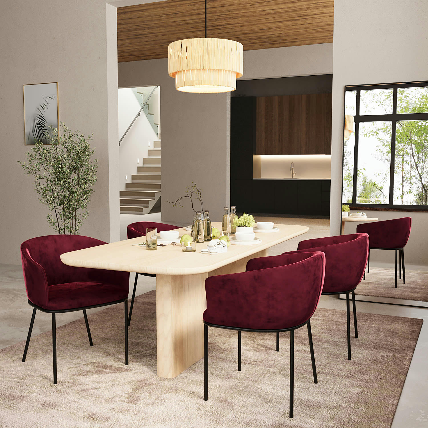 ANDRÉA - Lot de 2 fauteuils de salle à manger en velours bordeaux