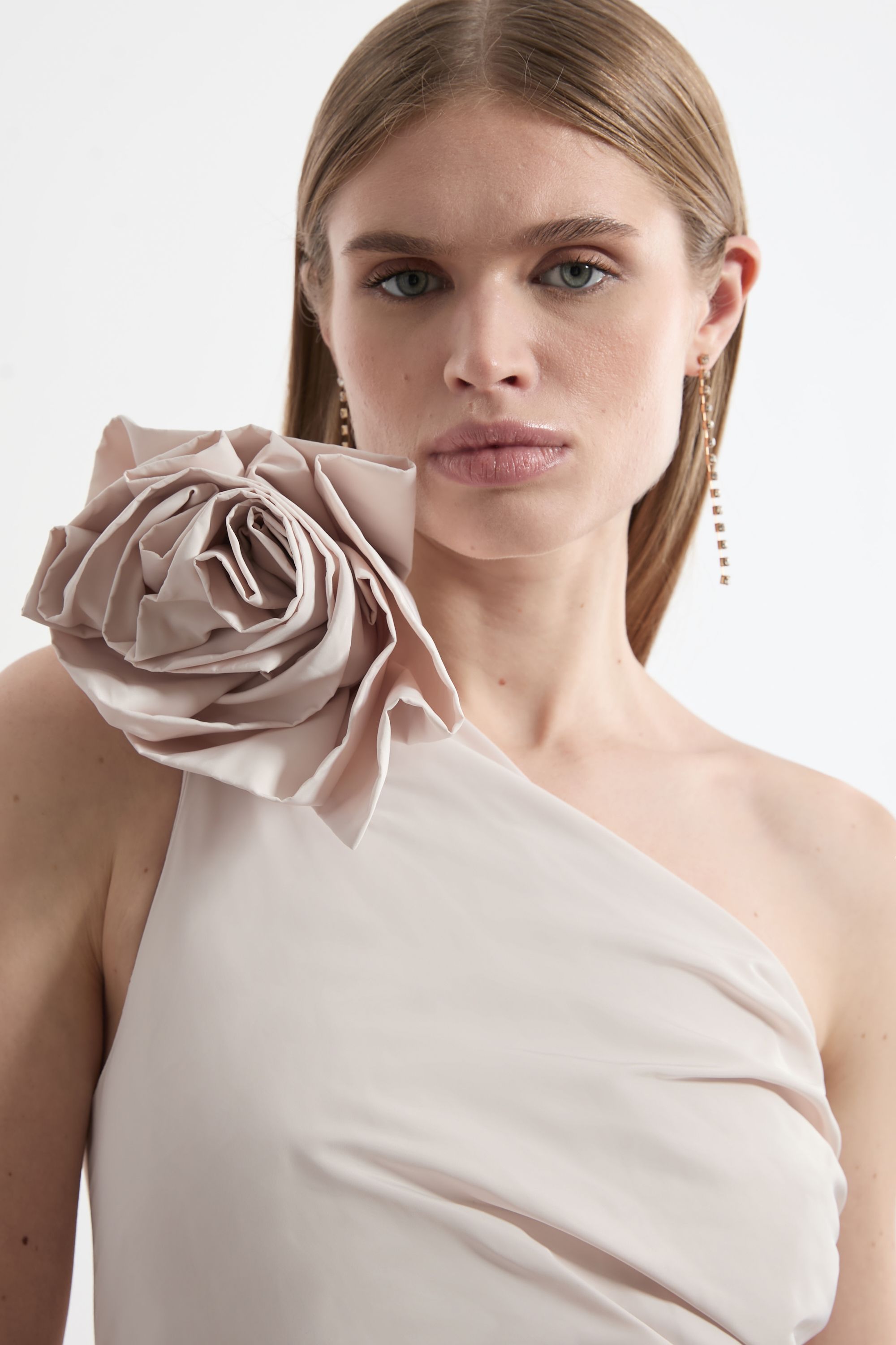 KarenMillen Petite Taffeta Rosette Neck Tailored Pleat Gathered Maxi Dress
