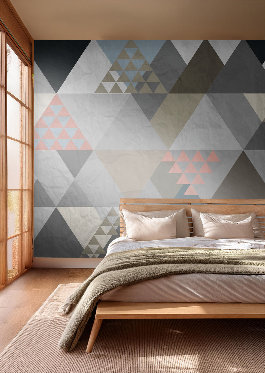 Sanders & Sanders fotobehang grafische driehoeken grijs, beige en bruin - 375 x 270 cm - 600506